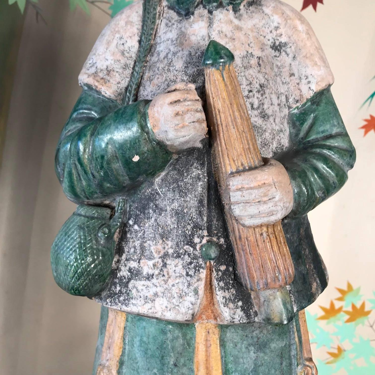 Hand-Painted Important Monumental Ancient China Ming Tomb Umbrella Man Sculpture, 1368-1644