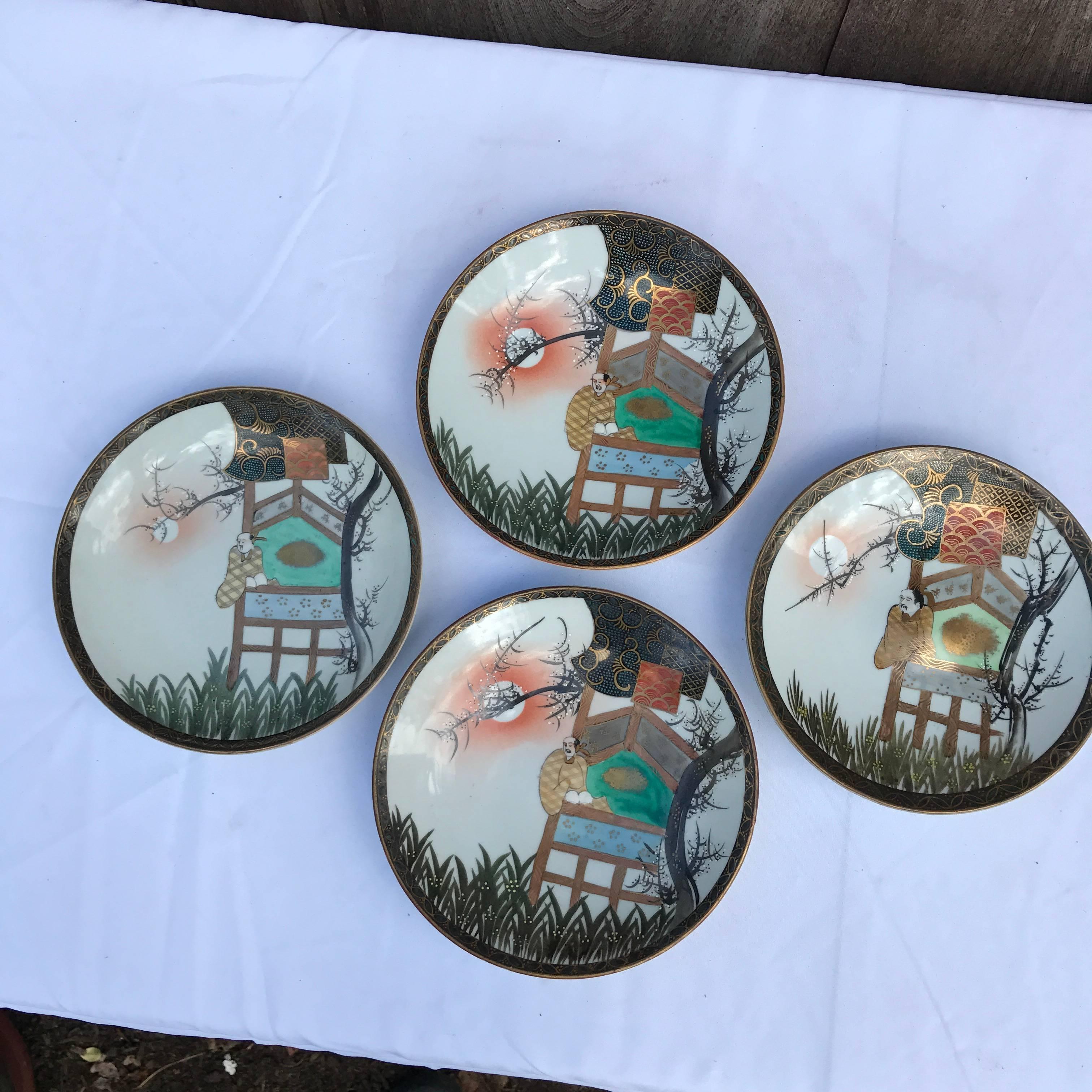 Japanese Poets Set of Four Hand-Painted Old Scenic Colorful Plates 4