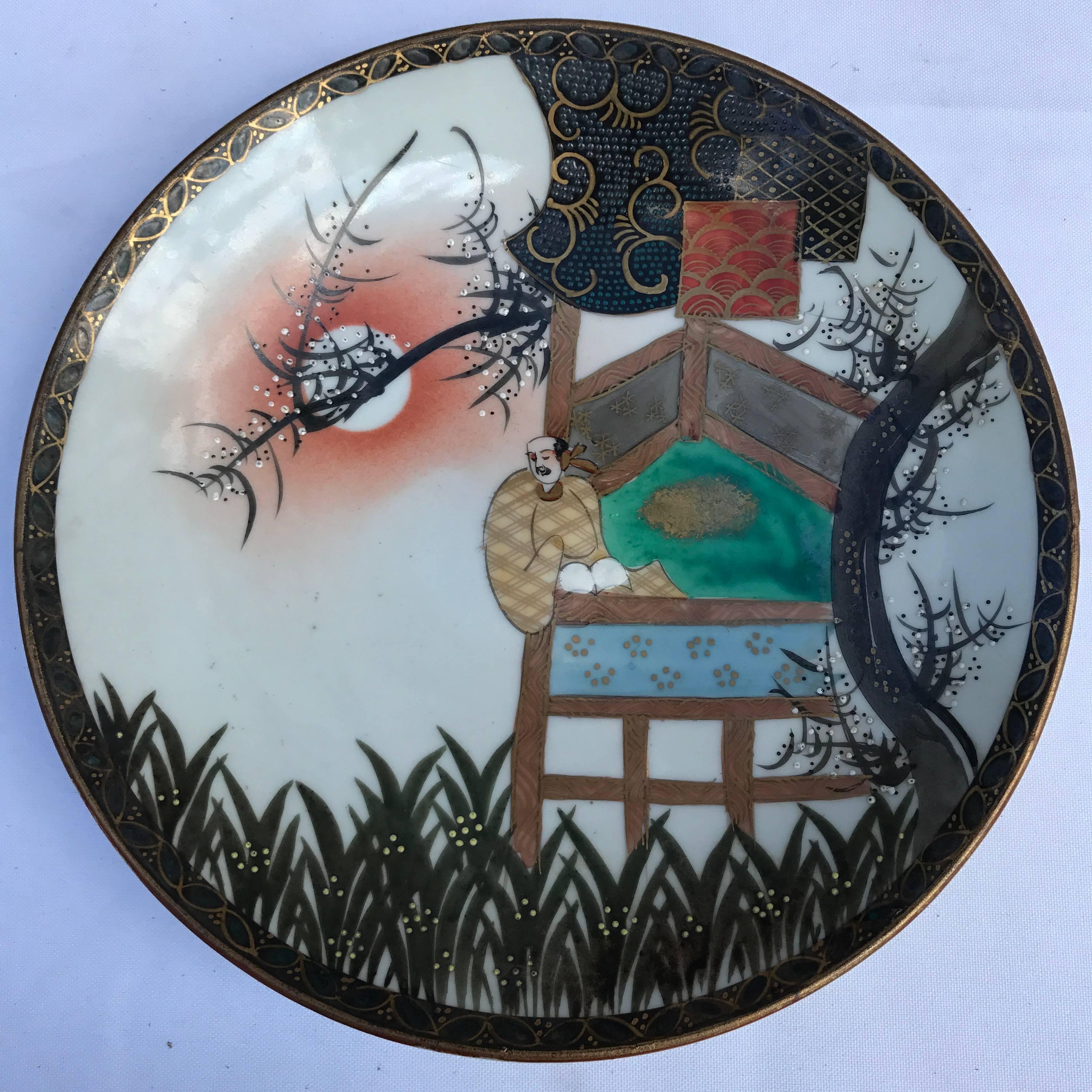 Japanese Poets Set of Four Hand-Painted Old Scenic Colorful Plates In Good Condition In South Burlington, VT