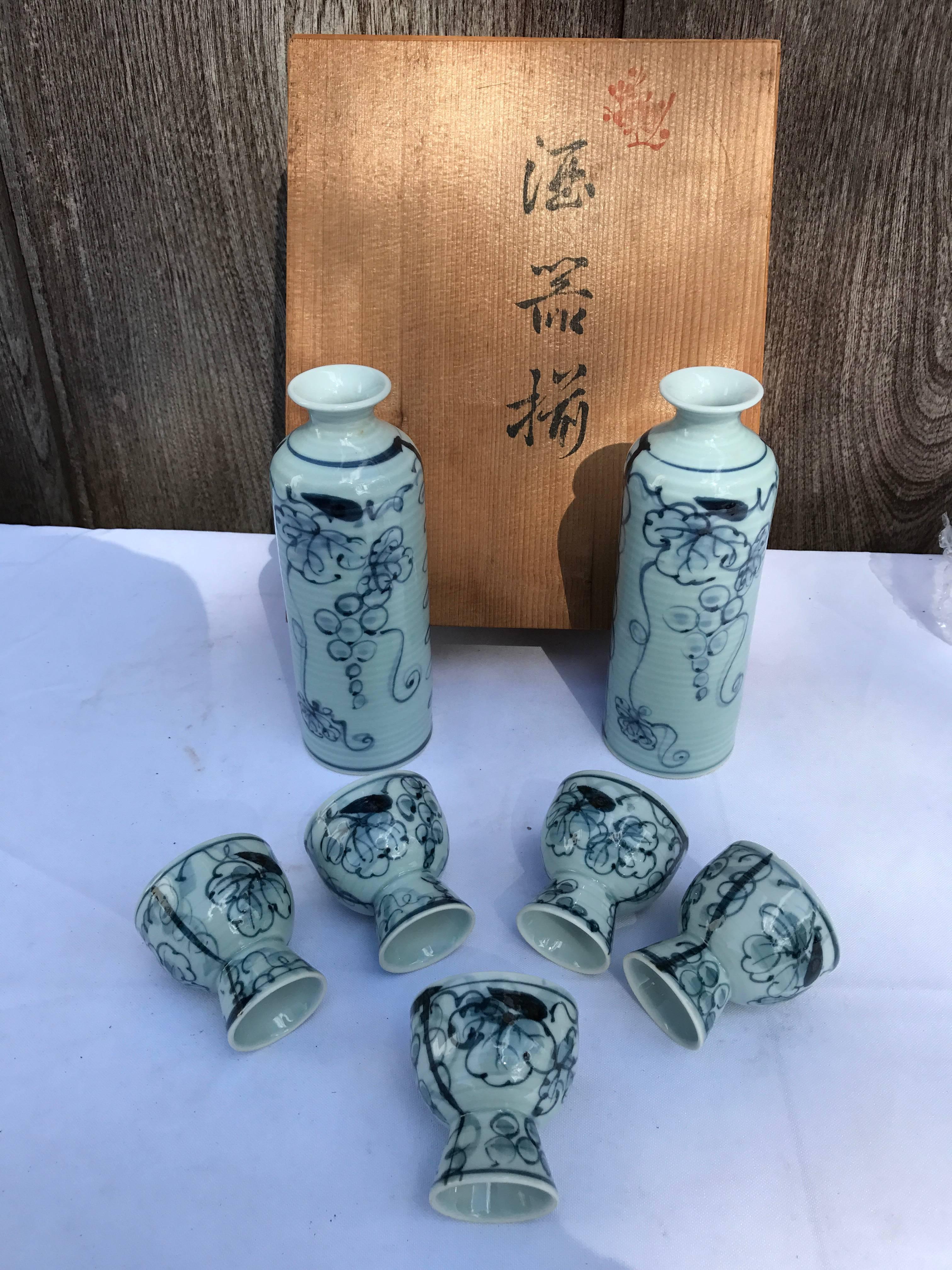Authentic Old Japanese Blue & White Sake Service for Five  Mint, Signed & Boxed 3