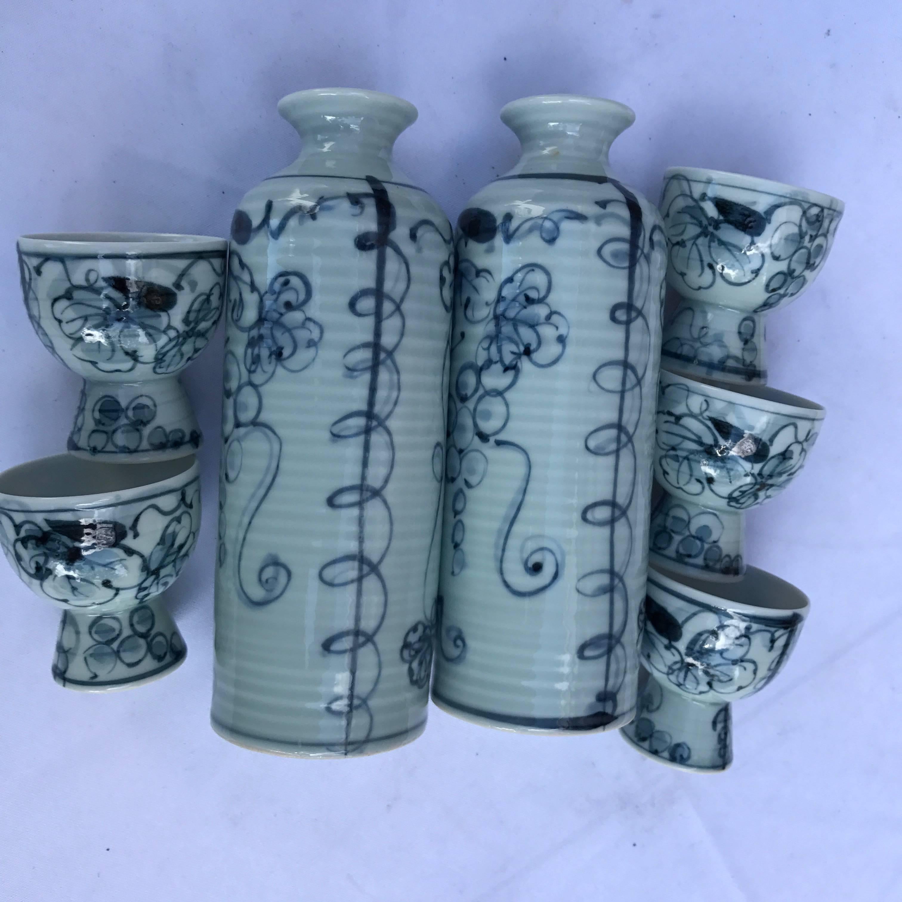 Authentic Old Japanese Blue & White Sake Service for Five  Mint, Signed & Boxed 1