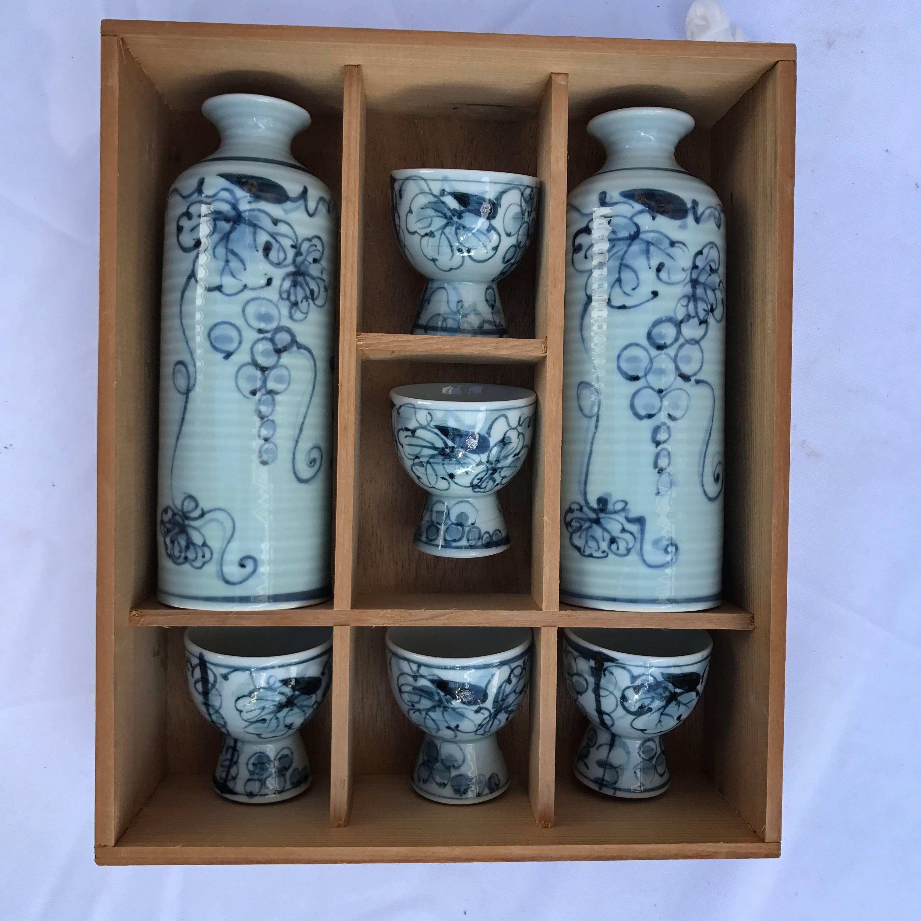 Authentic Old Japanese Blue & White Sake Service for Five  Mint, Signed & Boxed 2