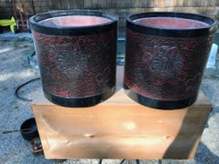 Fine Japan Pair Antique Red Lacquer "Chrysanthemum" Bowls Hibachi Planters Boxed