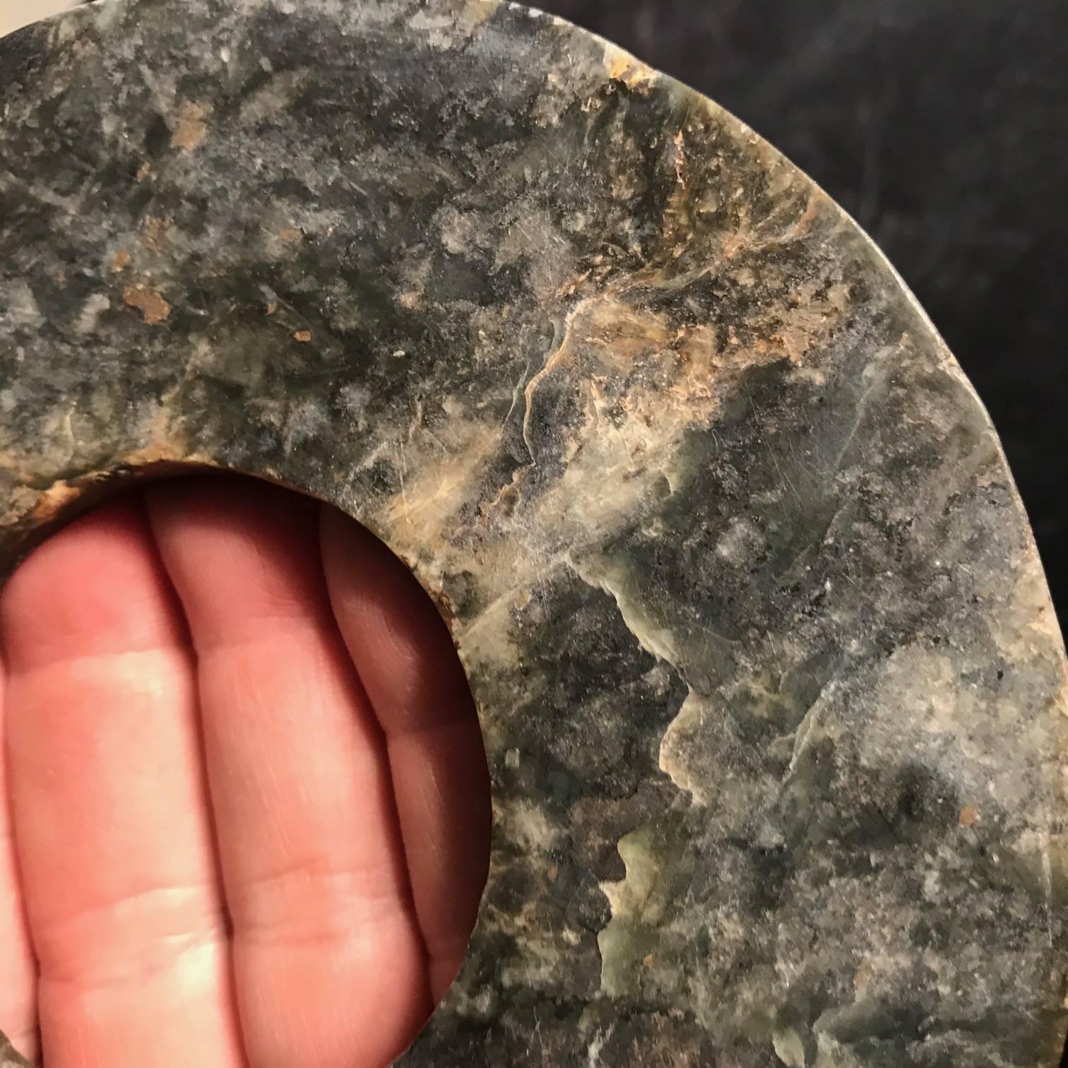 Important Ancient Chinese Heavenly Jade Bi Disc with Green and Blue Pattern In Good Condition In South Burlington, VT
