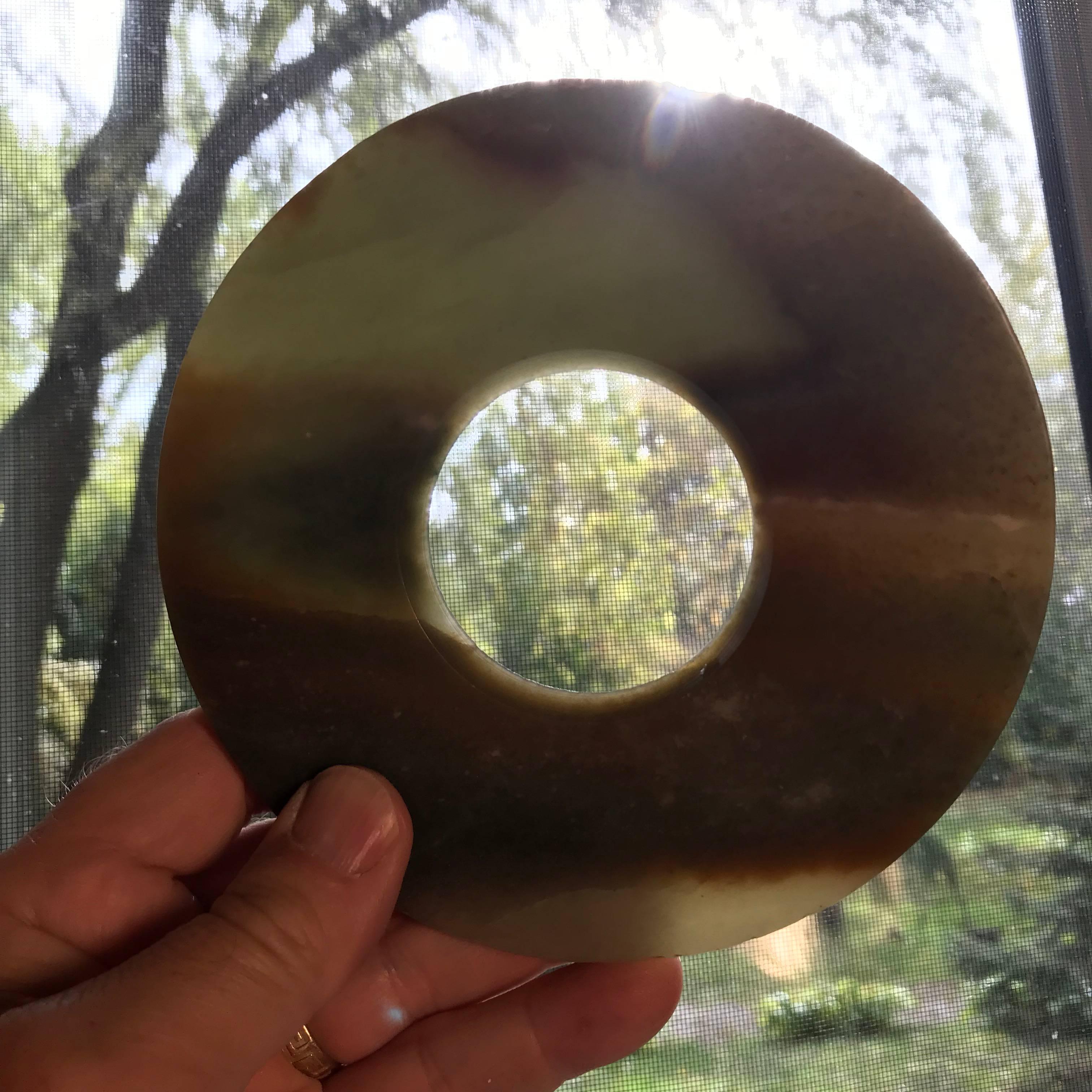 Ancient Chinese Heavenly Green Jade Bi Disc  In Good Condition In South Burlington, VT