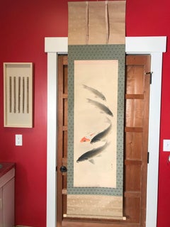 Japanese Scroll Swirl of Five Koi Fish Hand Painting on Silk, Signed Box