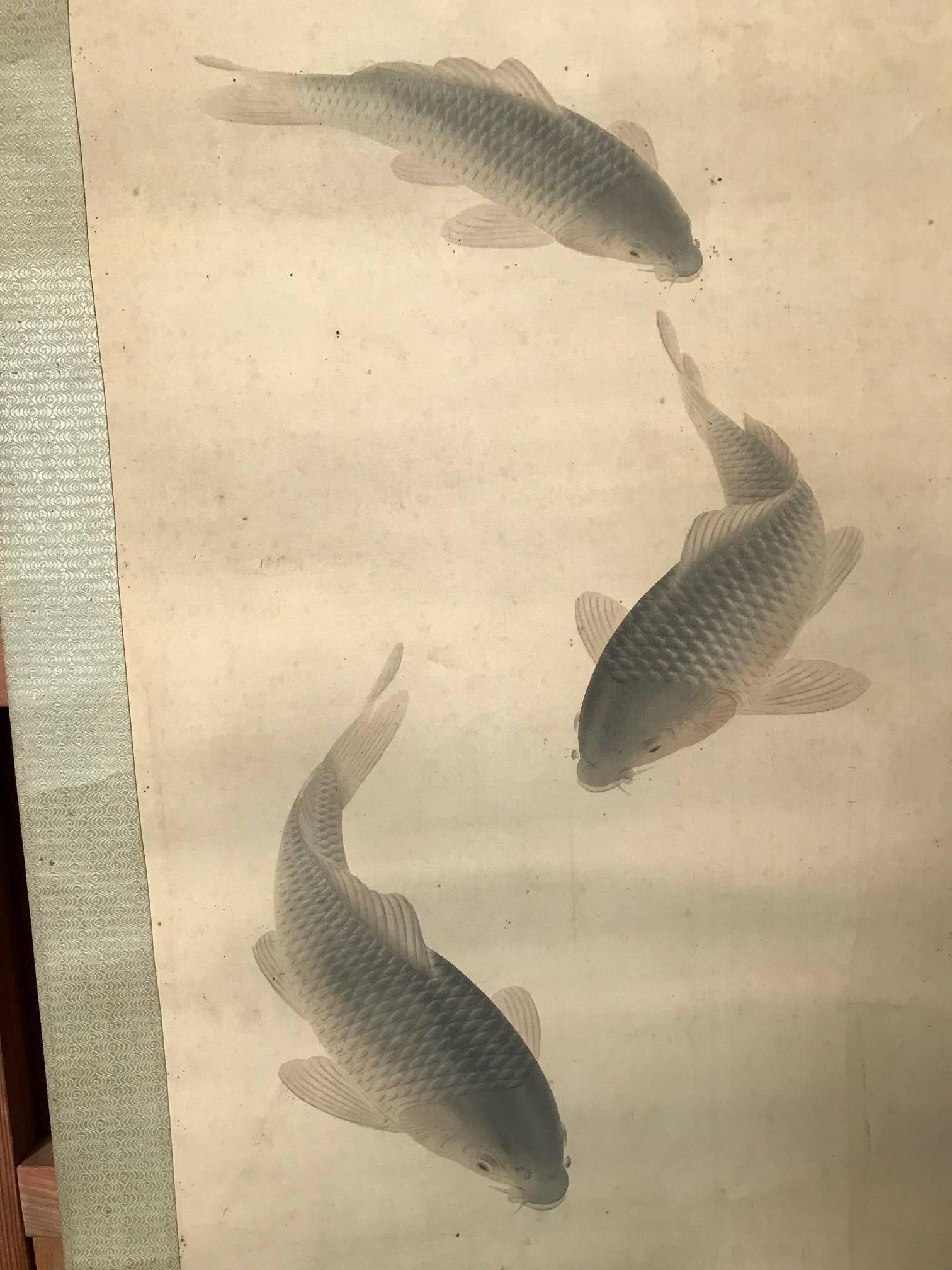 Taisho Early 20th Century Japan Scroll Three Koi Fish  Silk Hand Painting, Signed Box