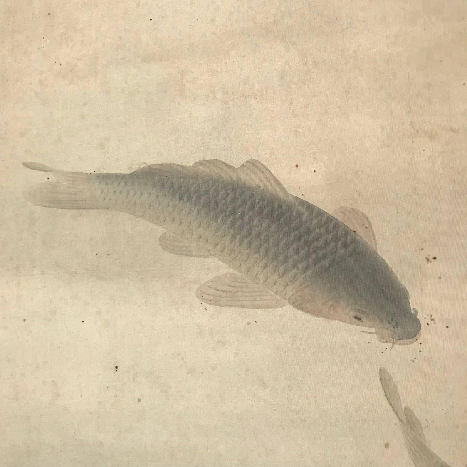Japanese Early 20th Century Japan Scroll Three Koi Fish  Silk Hand Painting, Signed Box