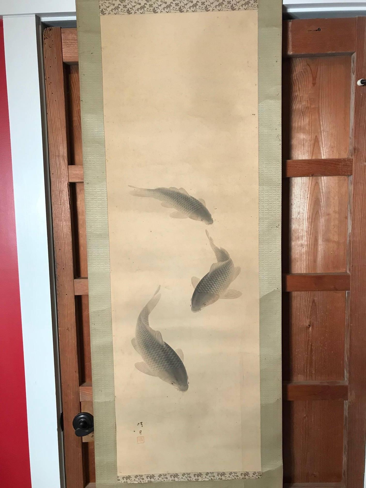 Early 20th Century Japan Scroll Three Koi Fish  Silk Hand Painting, Signed Box 1