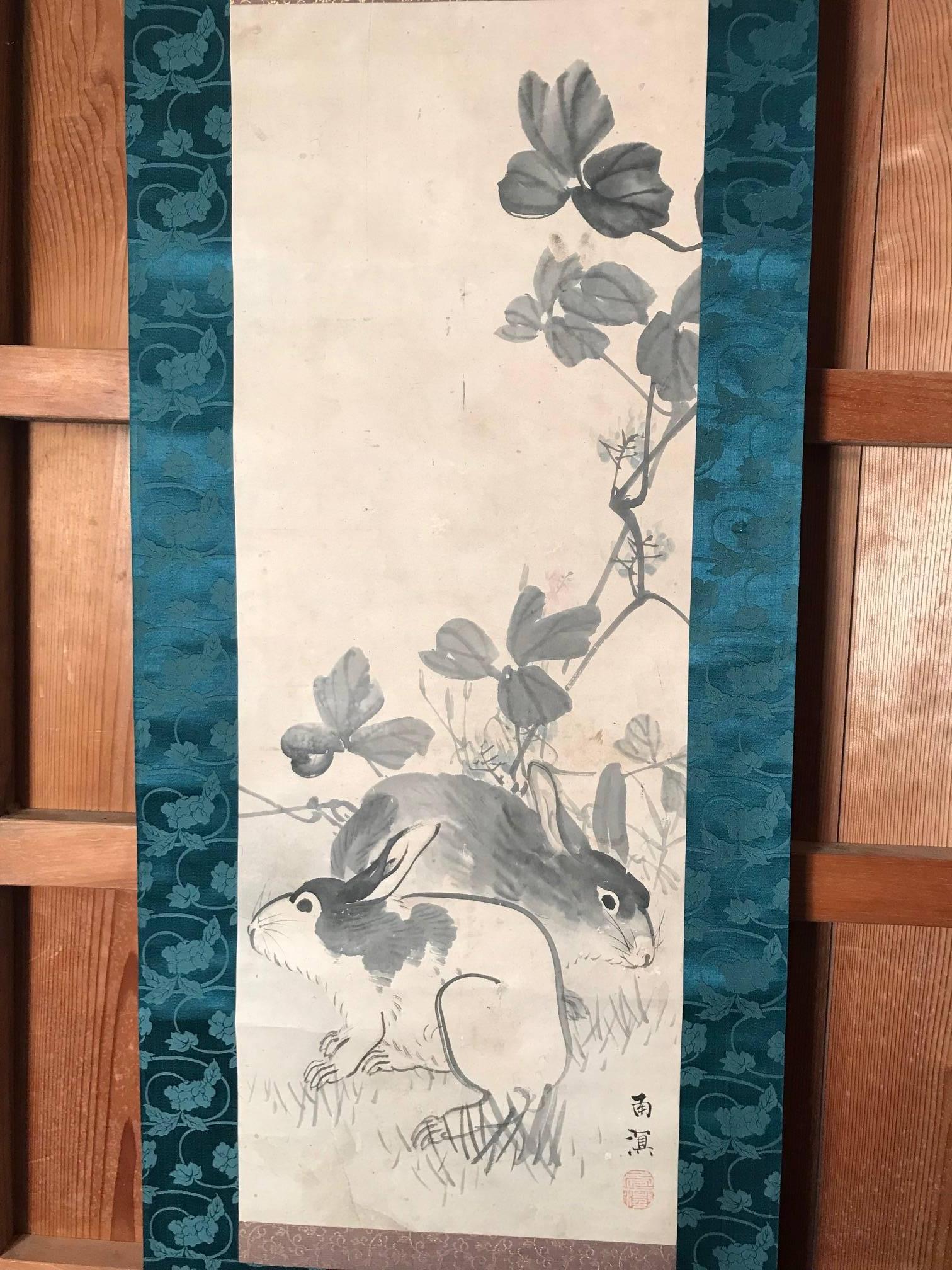 Japan Big Pair Rabbits Old Hand-Painted Scroll, Signed 1