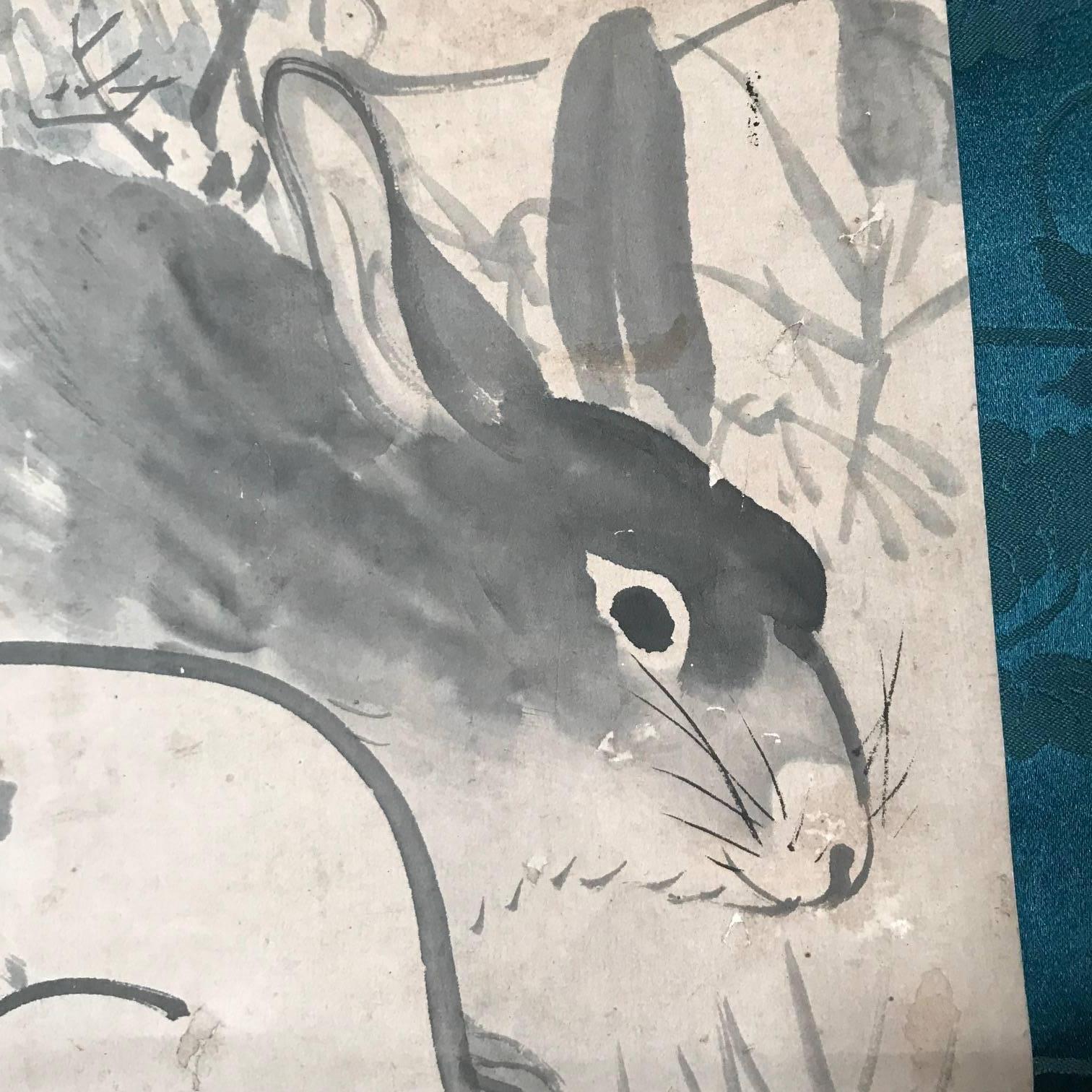 Japan Big Pair Rabbits Old Hand-Painted Scroll, Signed In Good Condition In South Burlington, VT