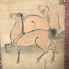 Japan Antique Two Horses Hand-Painted Silk Scroll & Spring Sakura Cherry Tree