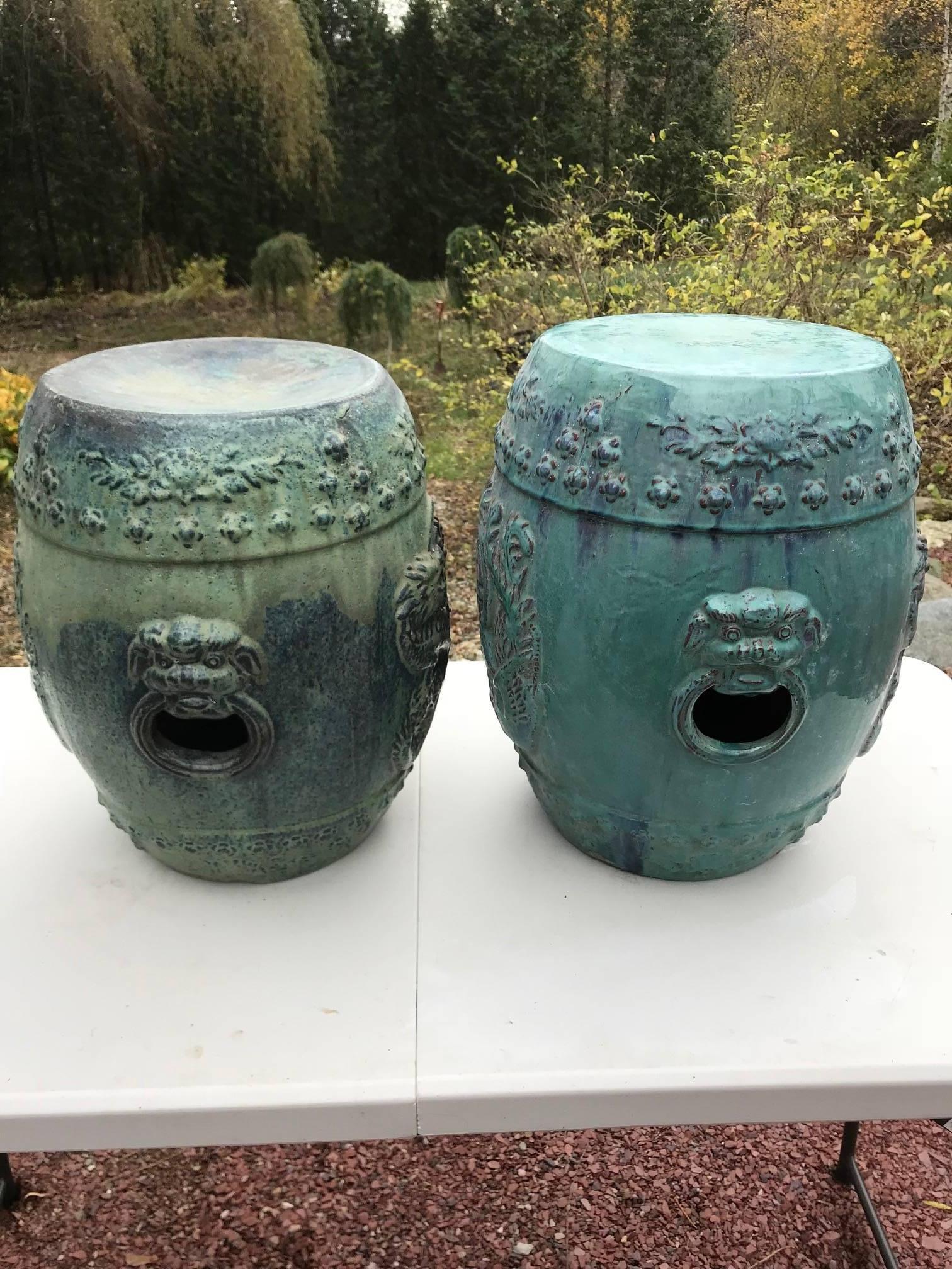 Chinese Vintage Pair Richly Hand-Glazed Blue Garden Stools Seats In Good Condition In South Burlington, VT