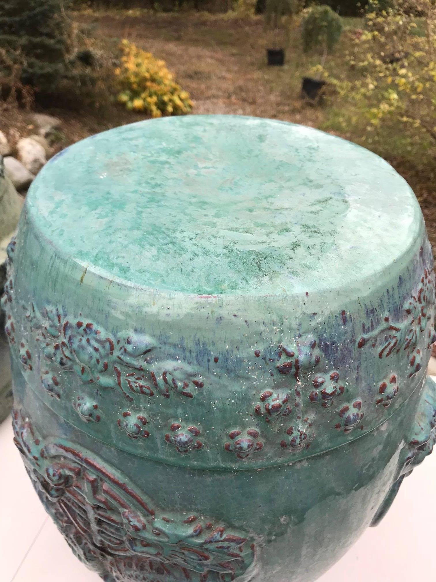 Ceramic Chinese Vintage Pair Richly Hand-Glazed Blue Garden Stools Seats