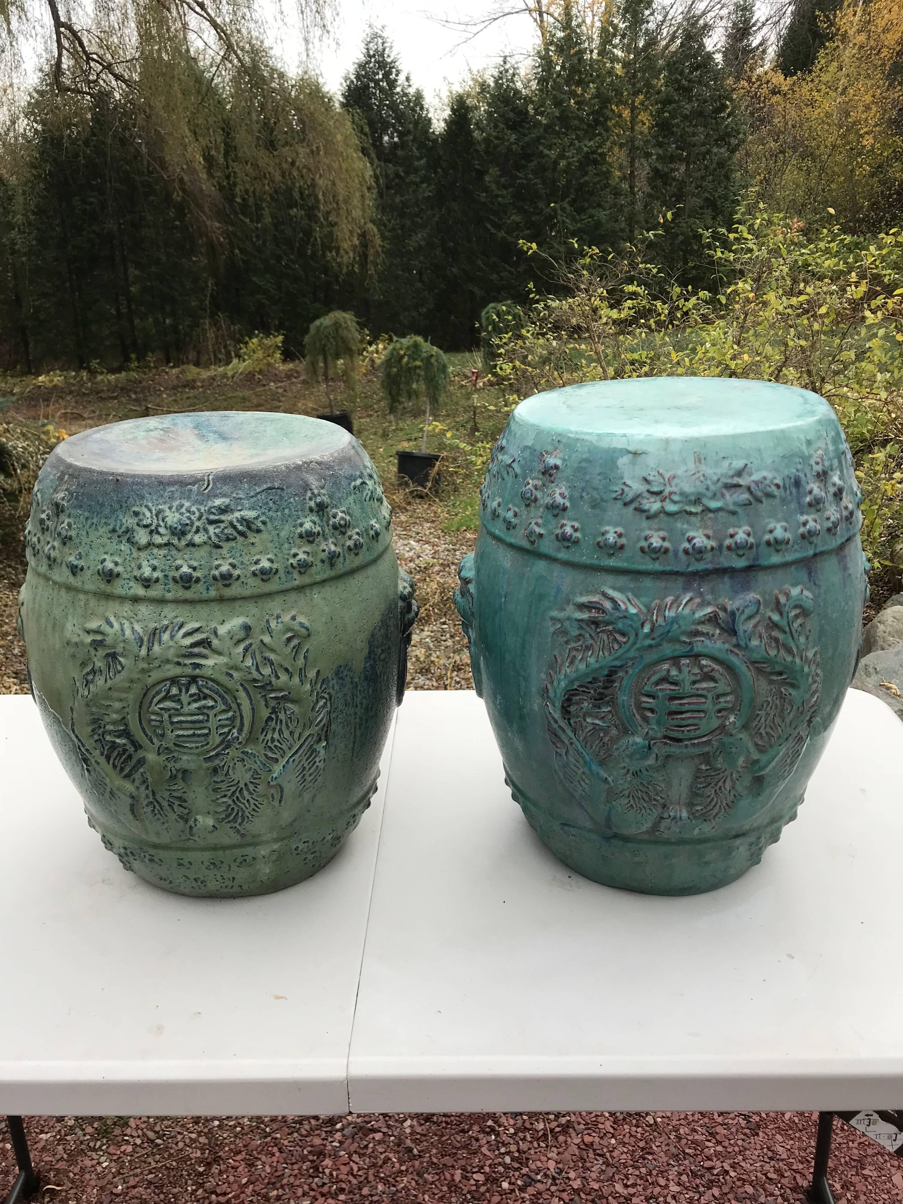 Hand-Painted Chinese Vintage Pair Richly Hand-Glazed Blue Garden Stools Seats