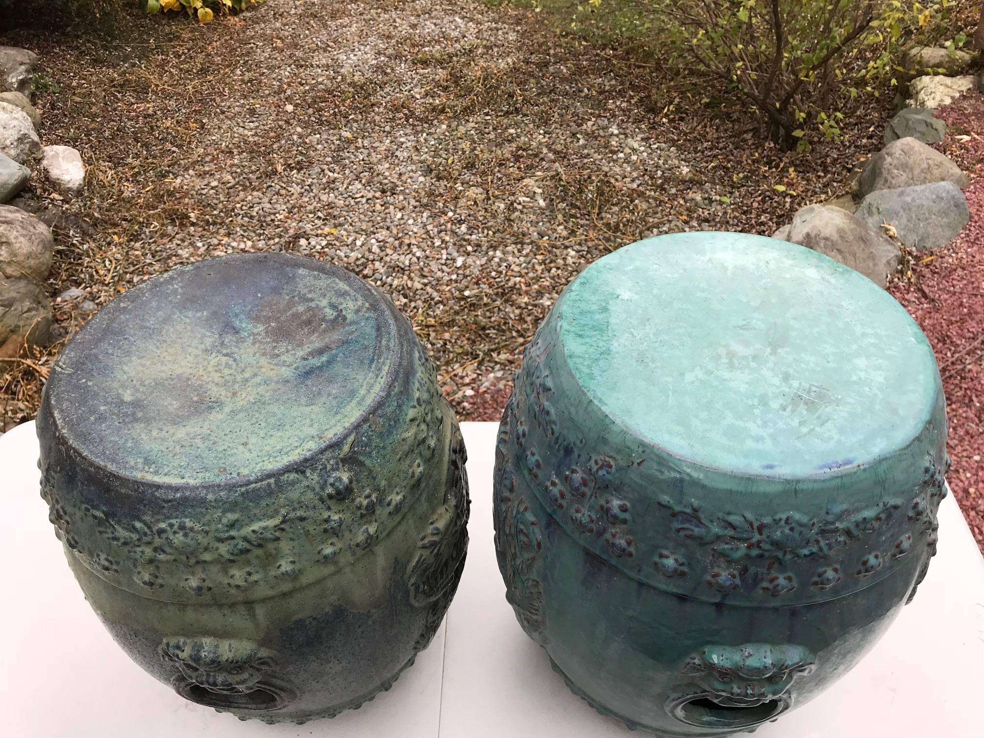20th Century Chinese Vintage Pair Richly Hand-Glazed Blue Garden Stools Seats