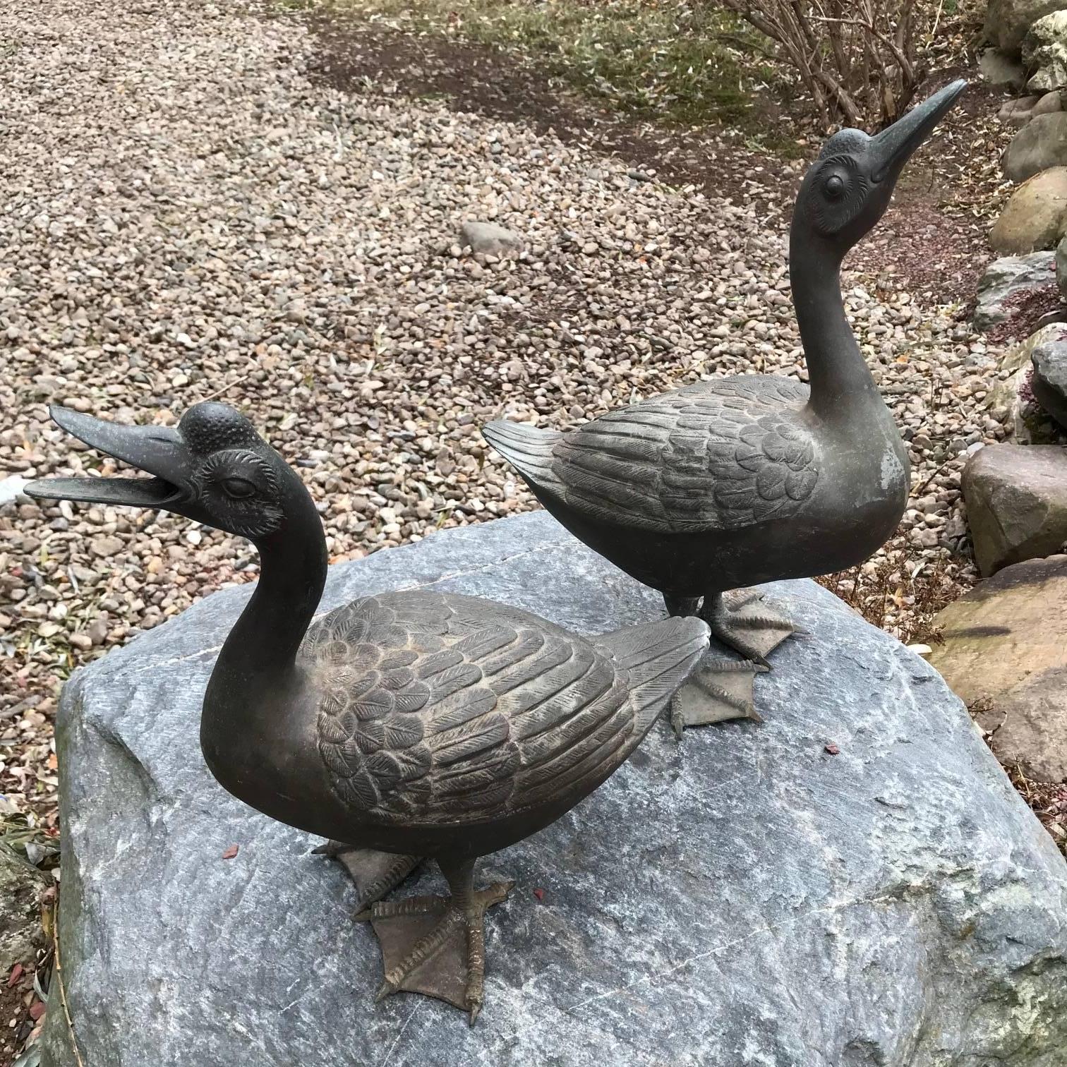 Japan Antique Large Hand Cast Pair Bronze Garden Ducks- Beautiful Details, 18