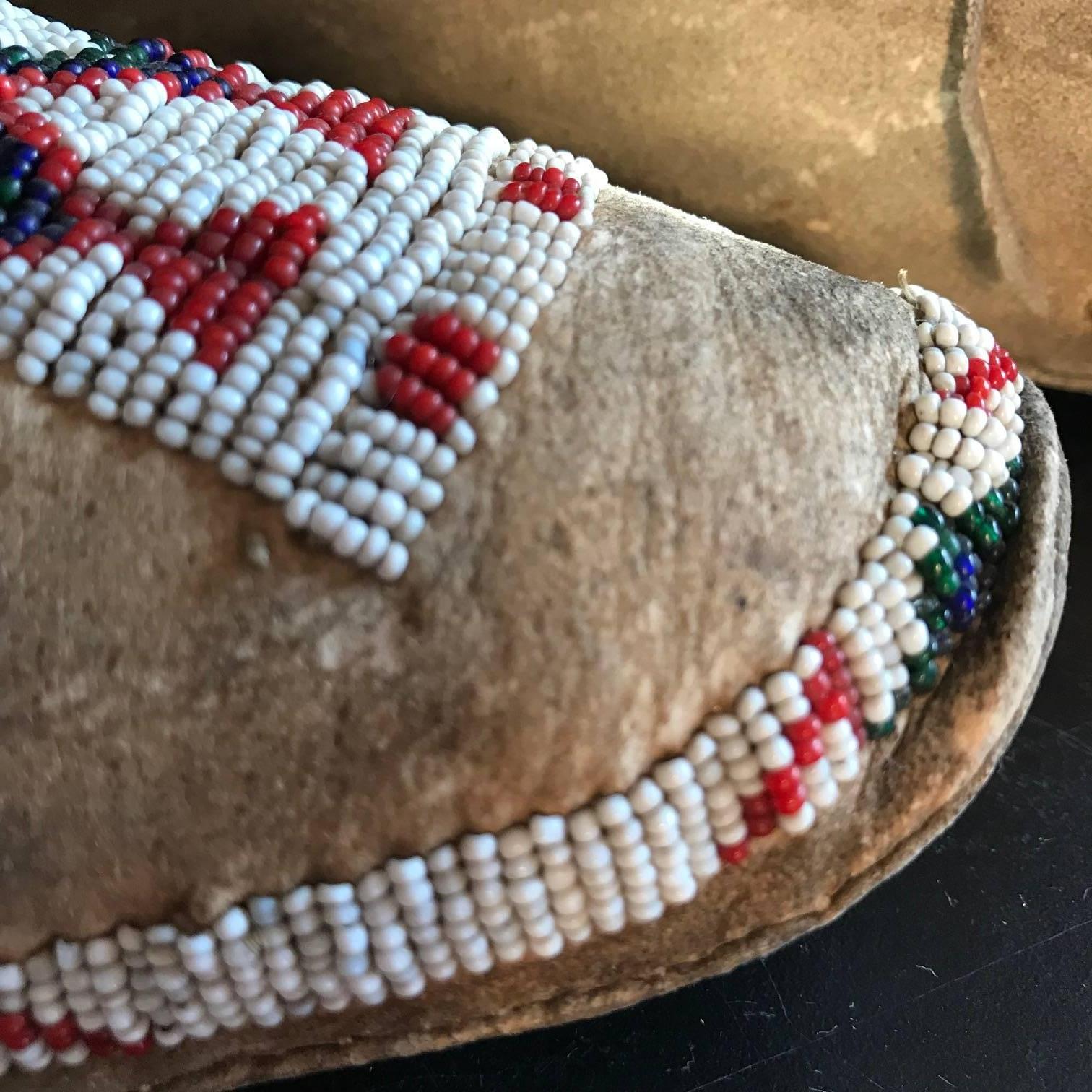 Granite Fine Native American Pair Fully Hand Beaded Moccasins, 19th Century