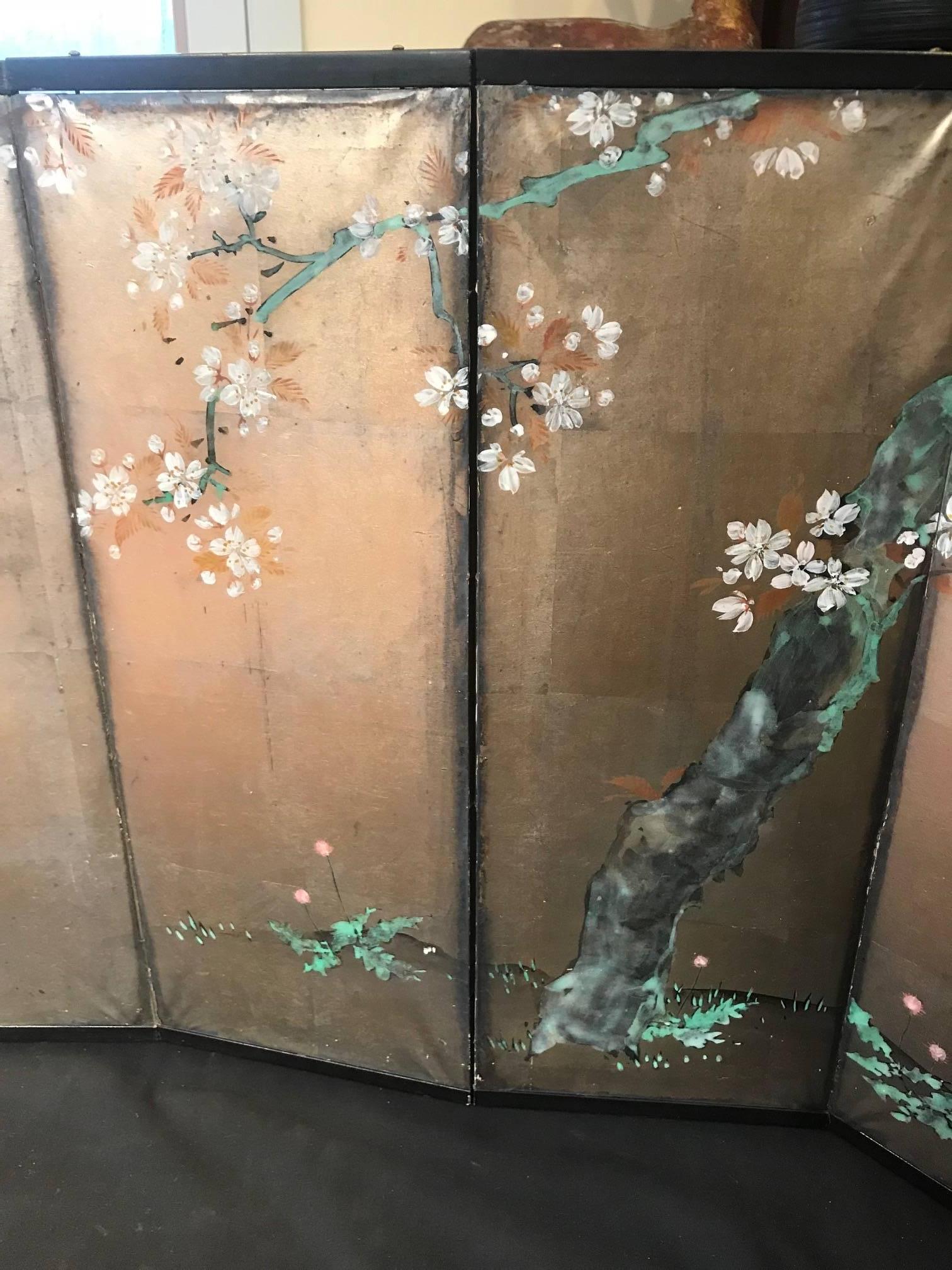 Meiji Japanese Small Antique Gold Sakura Tree Hand-Painted Screen, 19th Century