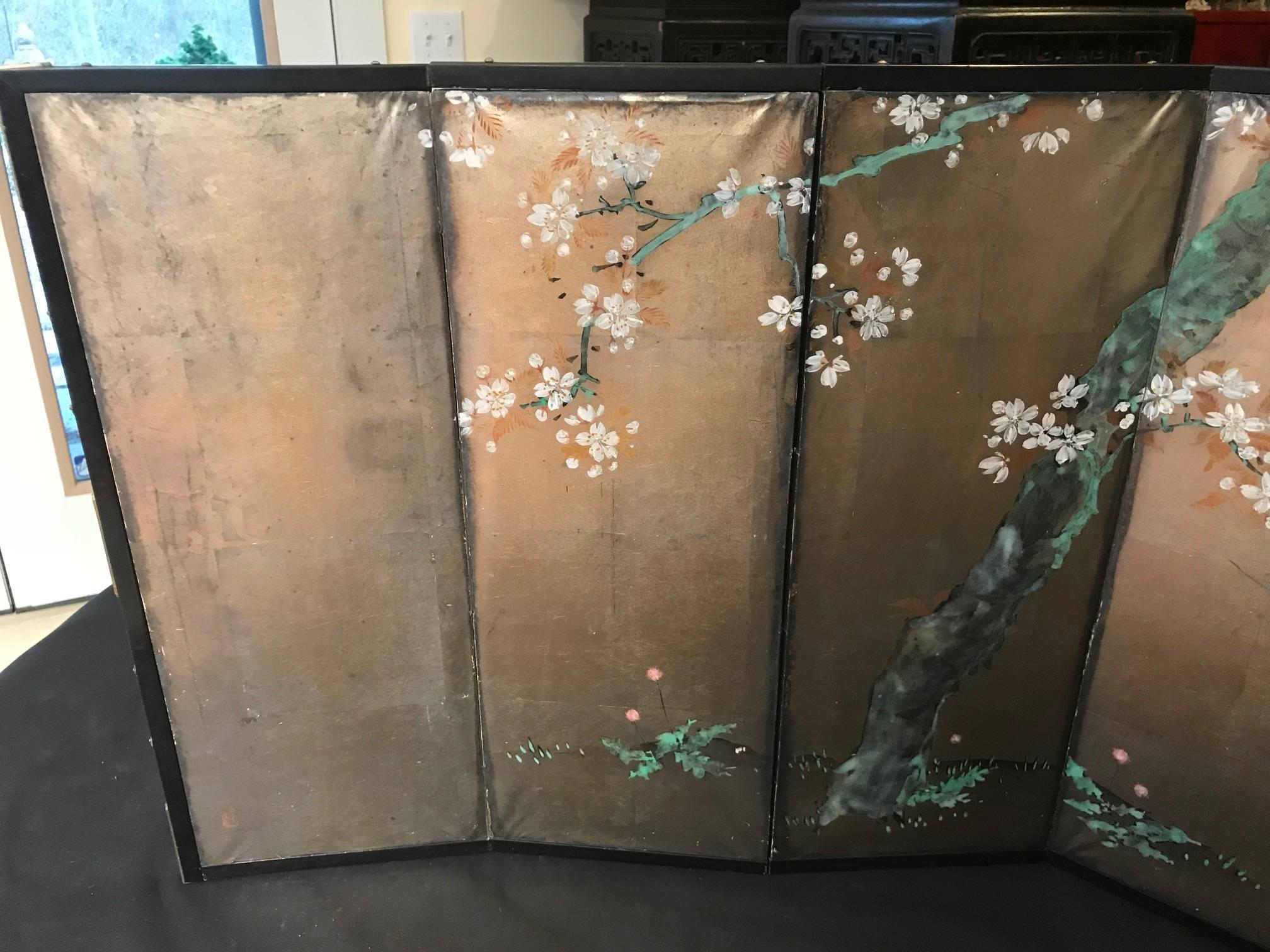 FEBRUARY SALE - NOW SAVE 25% AND MORE

A very fine early small-scale Japanese antique hand-painted six-panel folding screen byobu conceived in a convenient size 18 inches high and 43.5 inches length. It has been beautifully hand drawn on paper in a