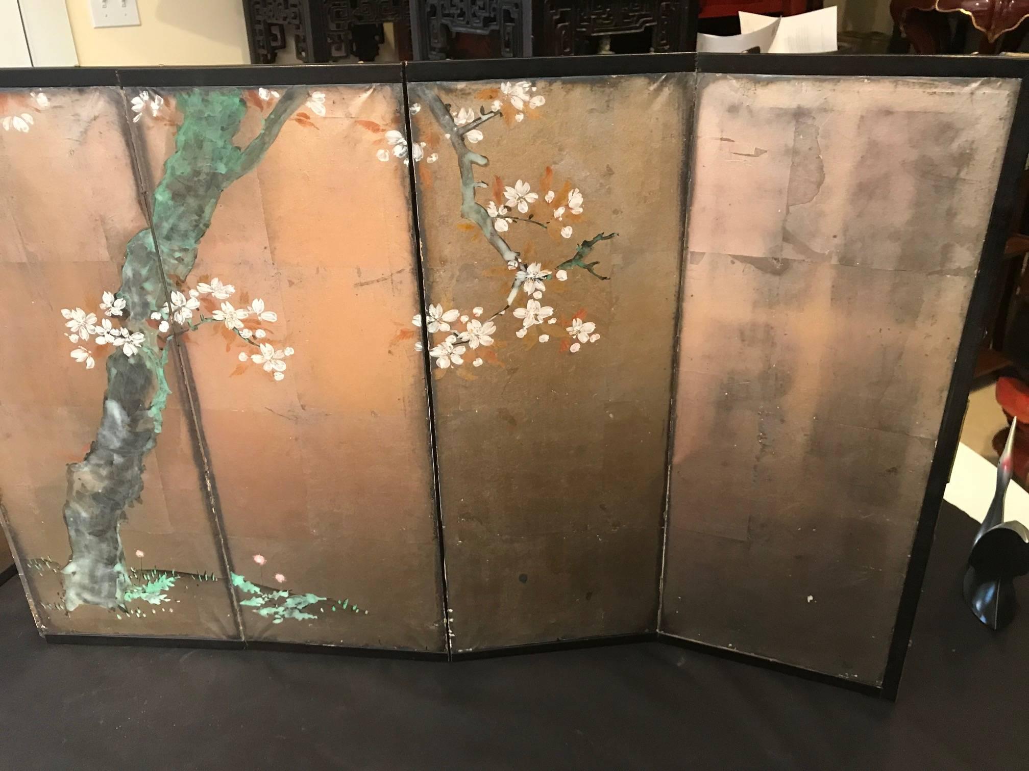 Lacquered Japanese Small Antique Gold Sakura Tree Hand-Painted Screen, 19th Century