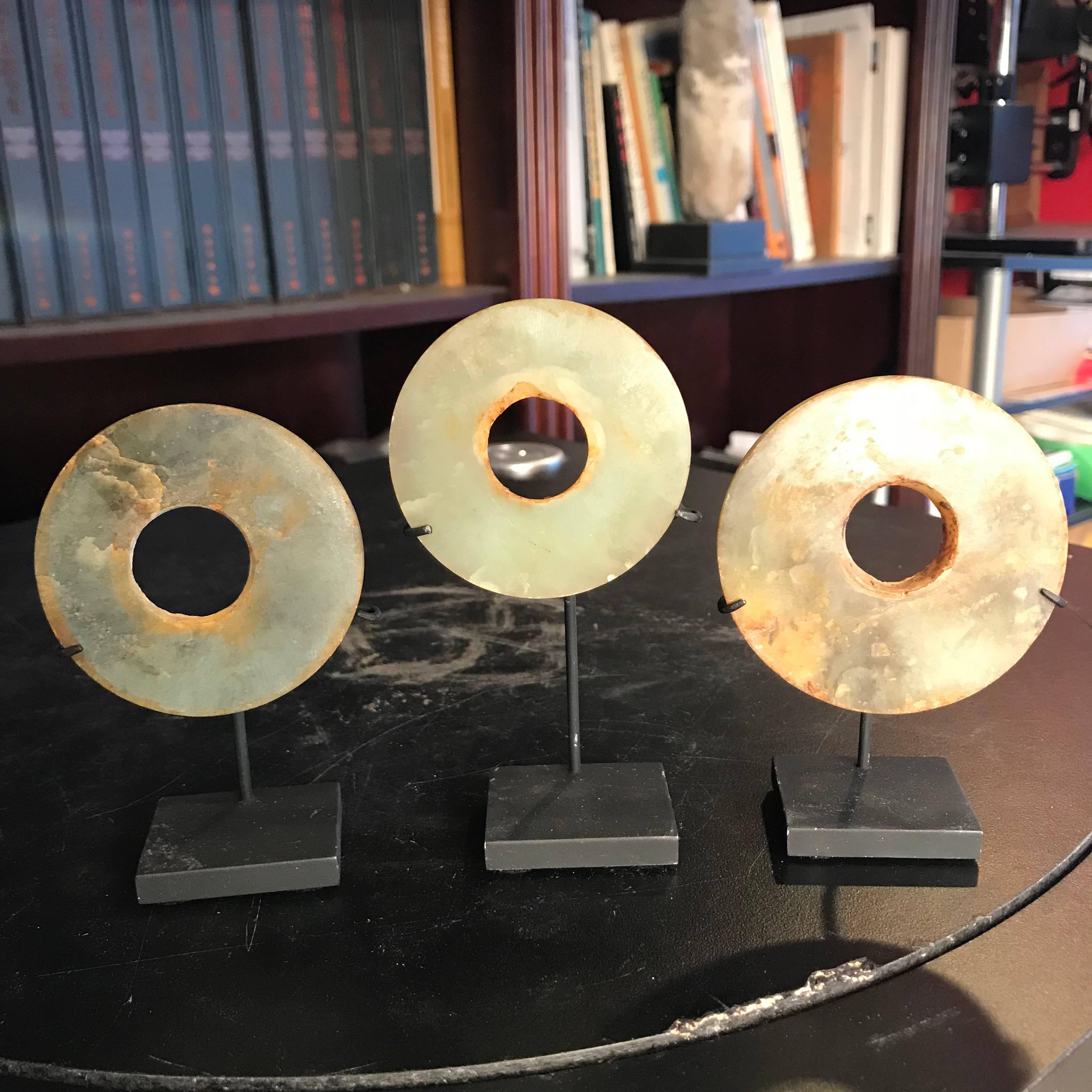 Hand-Carved Ancient Chinese Handmade Jade Bi Group Three Genuine Artifacts from 2000 BC