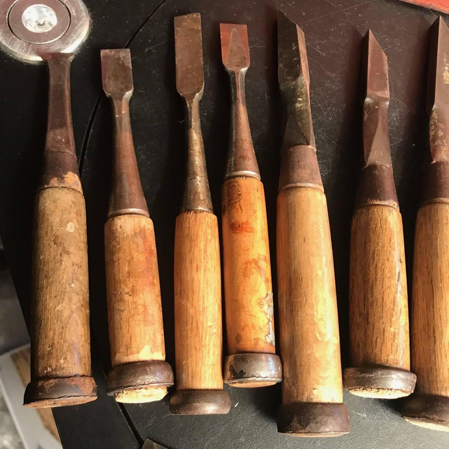 Hand-Crafted Japanese Artisan's Cache Box of 14 Professional Nomi Carpenter's Carving Tools