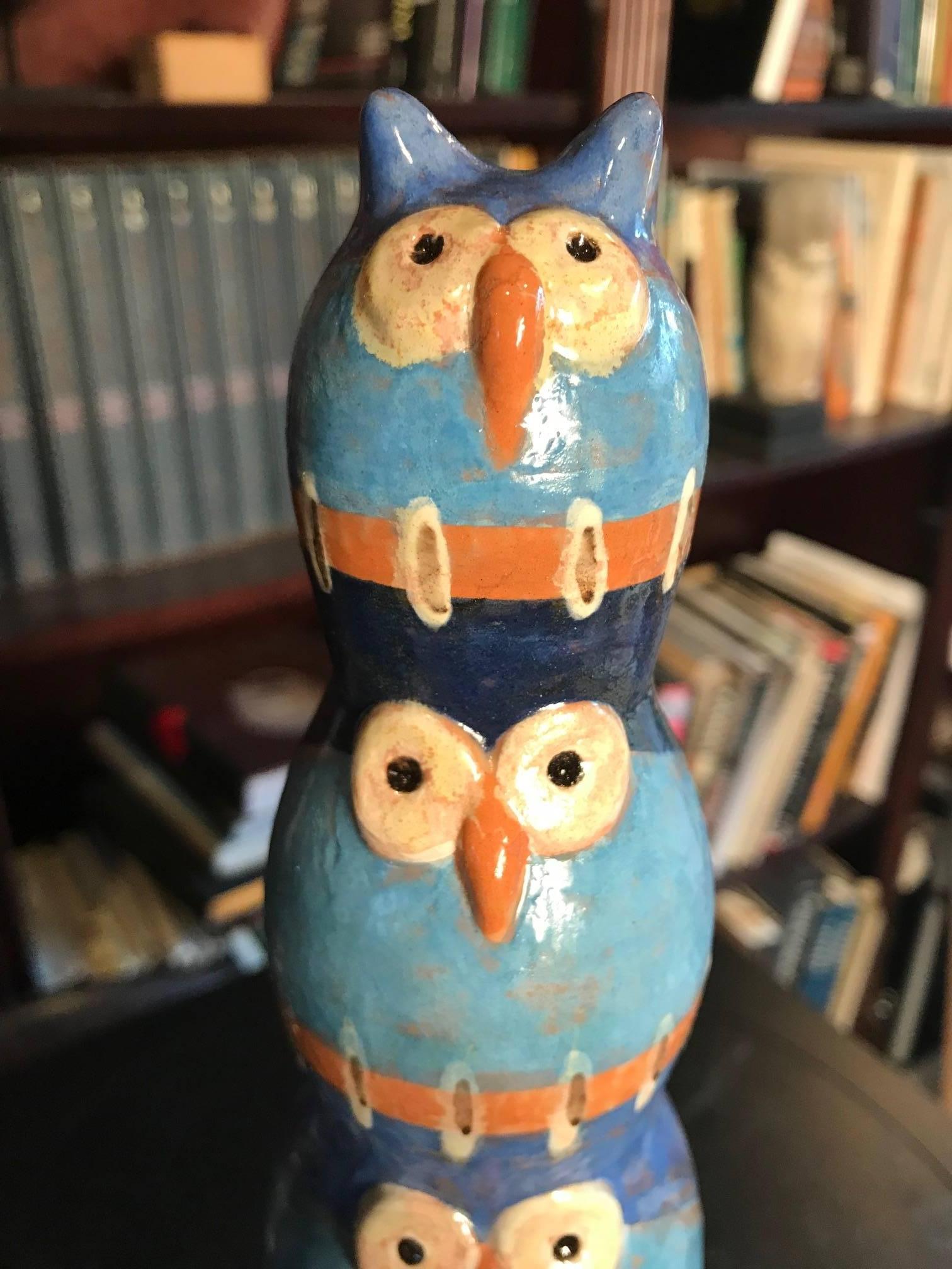 Unusual Pair Five Owl TOTEM Sculptures Hand-Painted Master Eva Fritz-Lindner 2