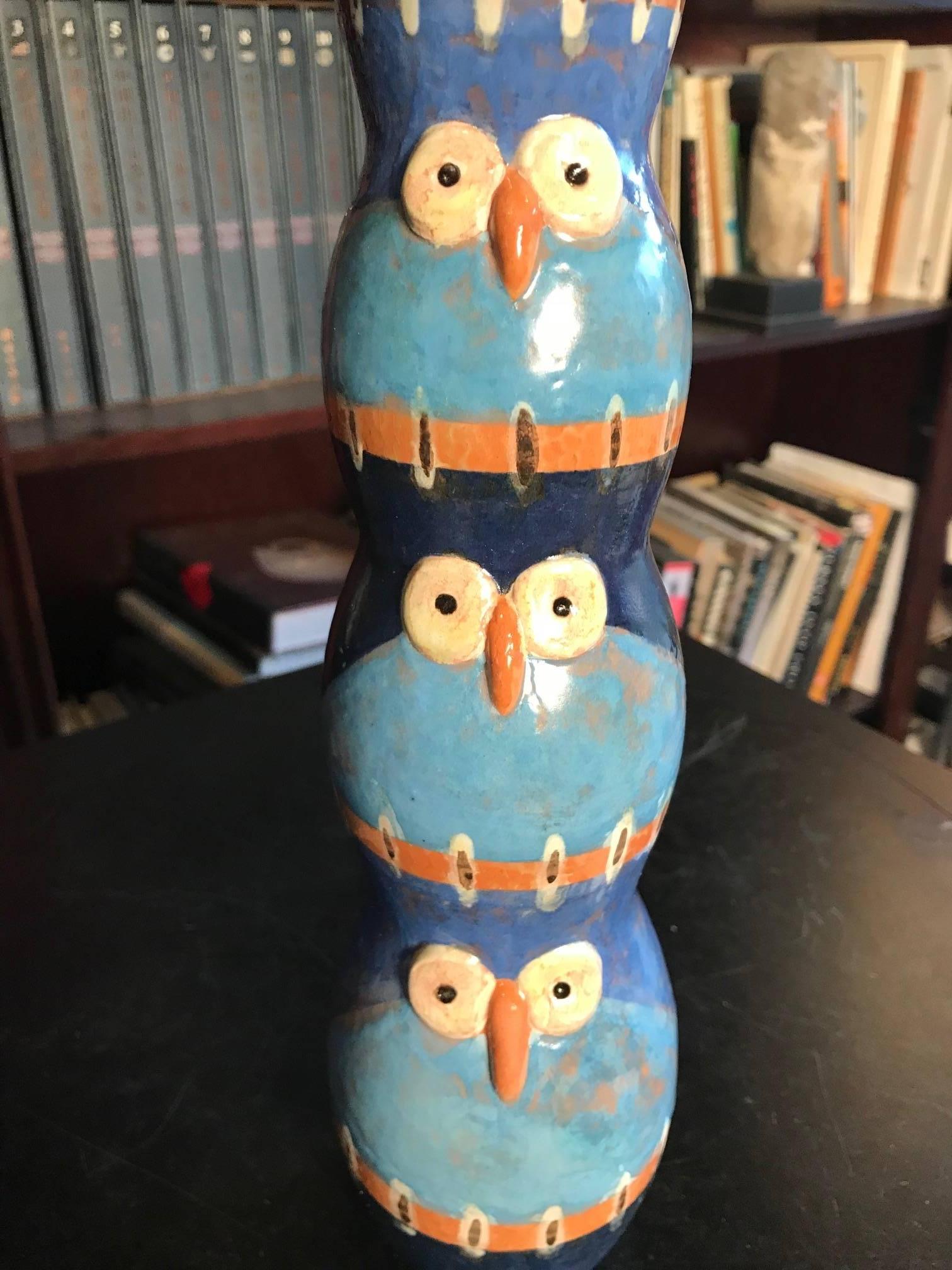 Unusual Pair Five Owl TOTEM Sculptures Hand-Painted Master Eva Fritz-Lindner 3