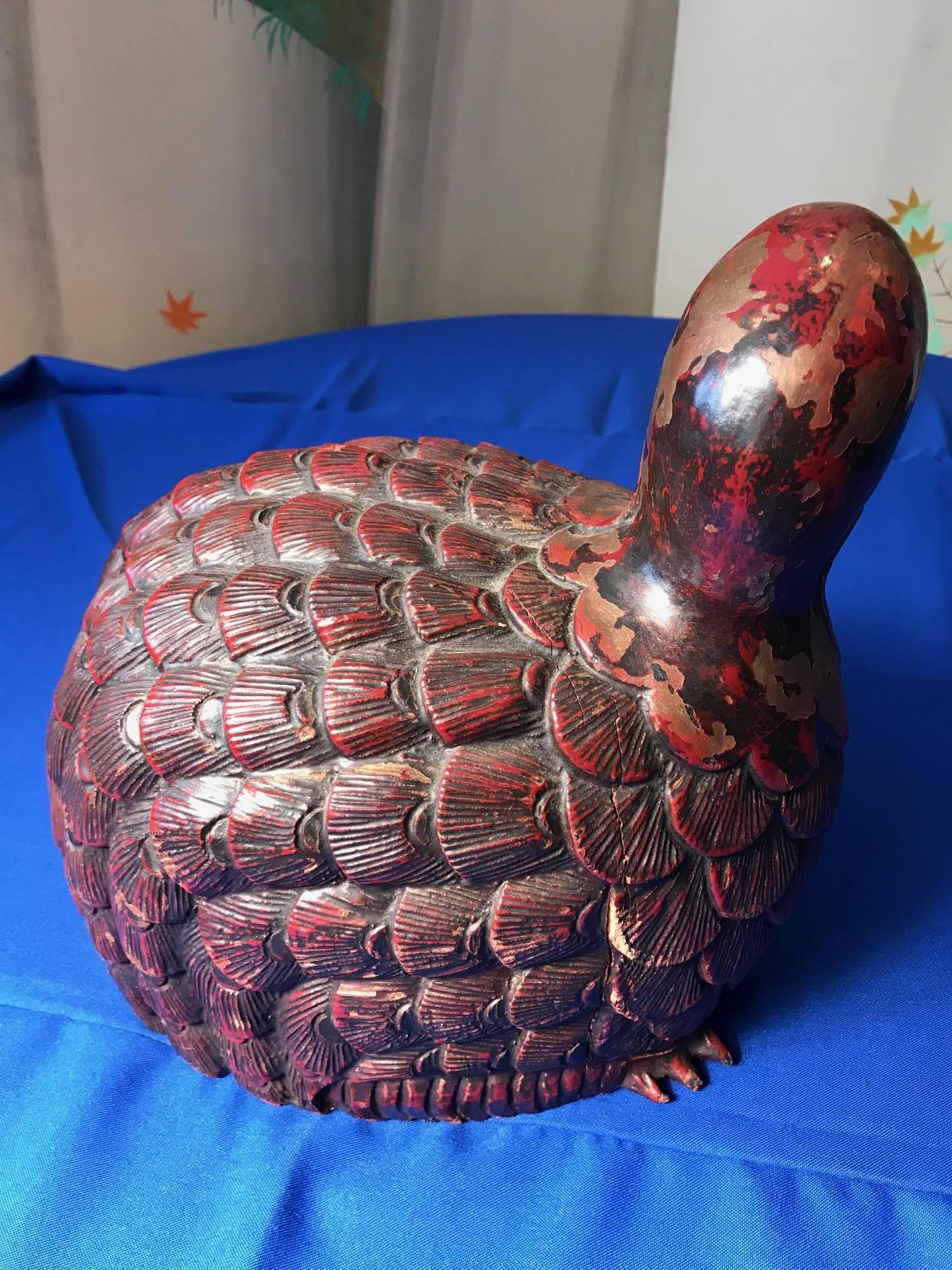 Japanese Japan Fine Antique Quail Sculpture Hand-Carved Red Lacquered 100 Years Old