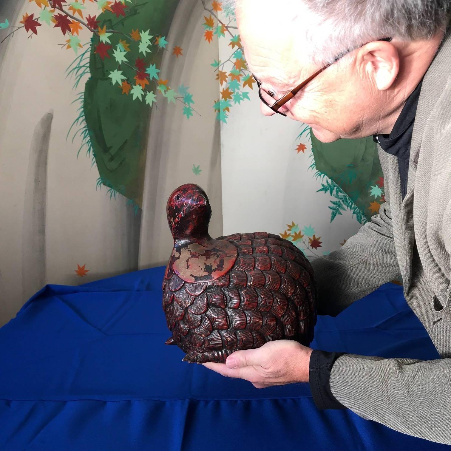 NOW SAVE 20% OR MORE

Japan, a fine large antique quail sculpture hand-carved and red lacquered, Taisho period and 100 years old, signed.

Fine old carving with traces of red lacquer and remnant old seal mark on base. 

Carved from one block of wood