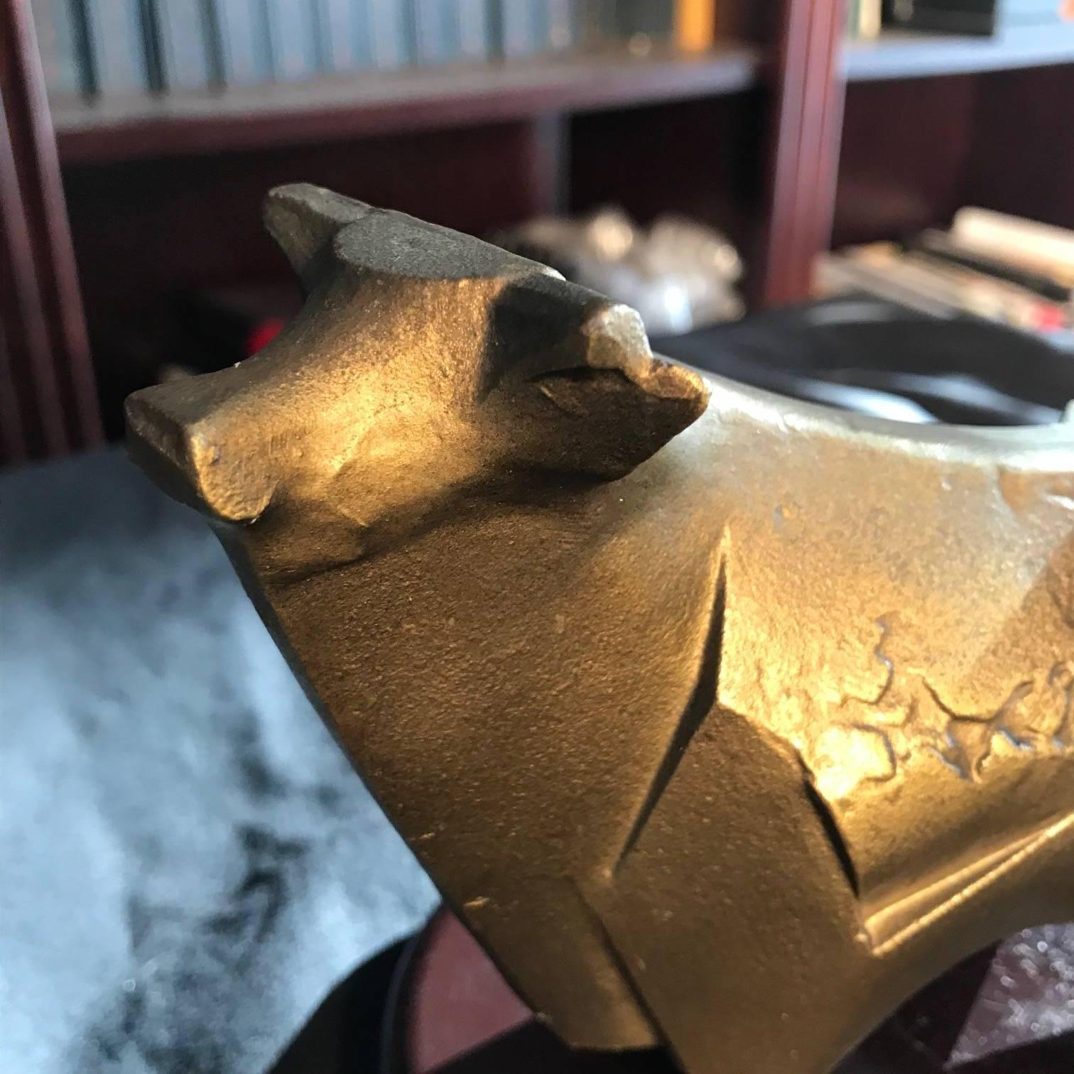 Showa Japanese Elegant Design Bison Cow Hand Cast, Gilt and Artist Signed