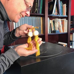 Japanese Pair of Handcrafted Agate Fuchin Scroll Weights Imperial Yellow Cords