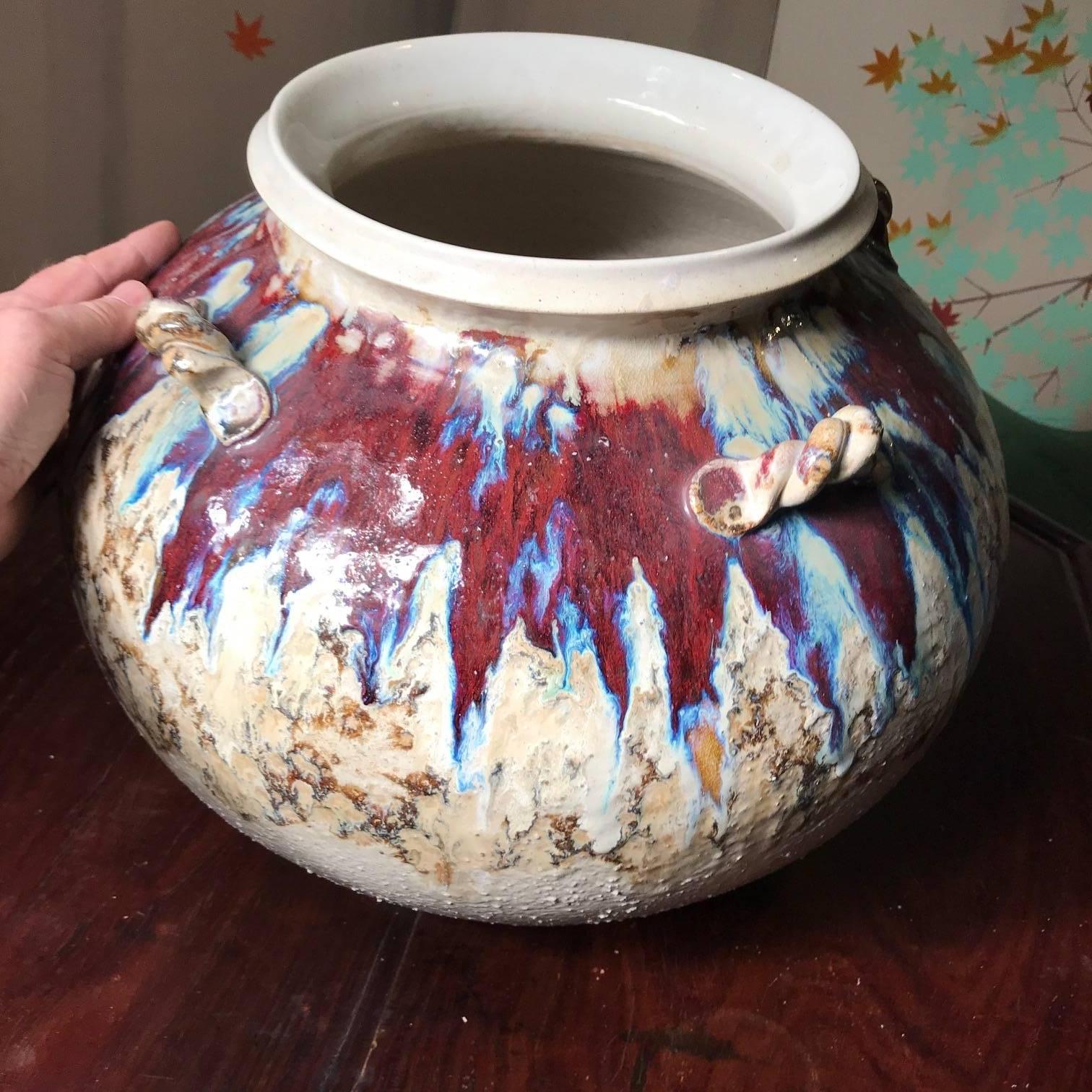 Japanese Japan Big Richly Glazed Hand Thrown Ceramic Handled Pot Shigaraki Kiln