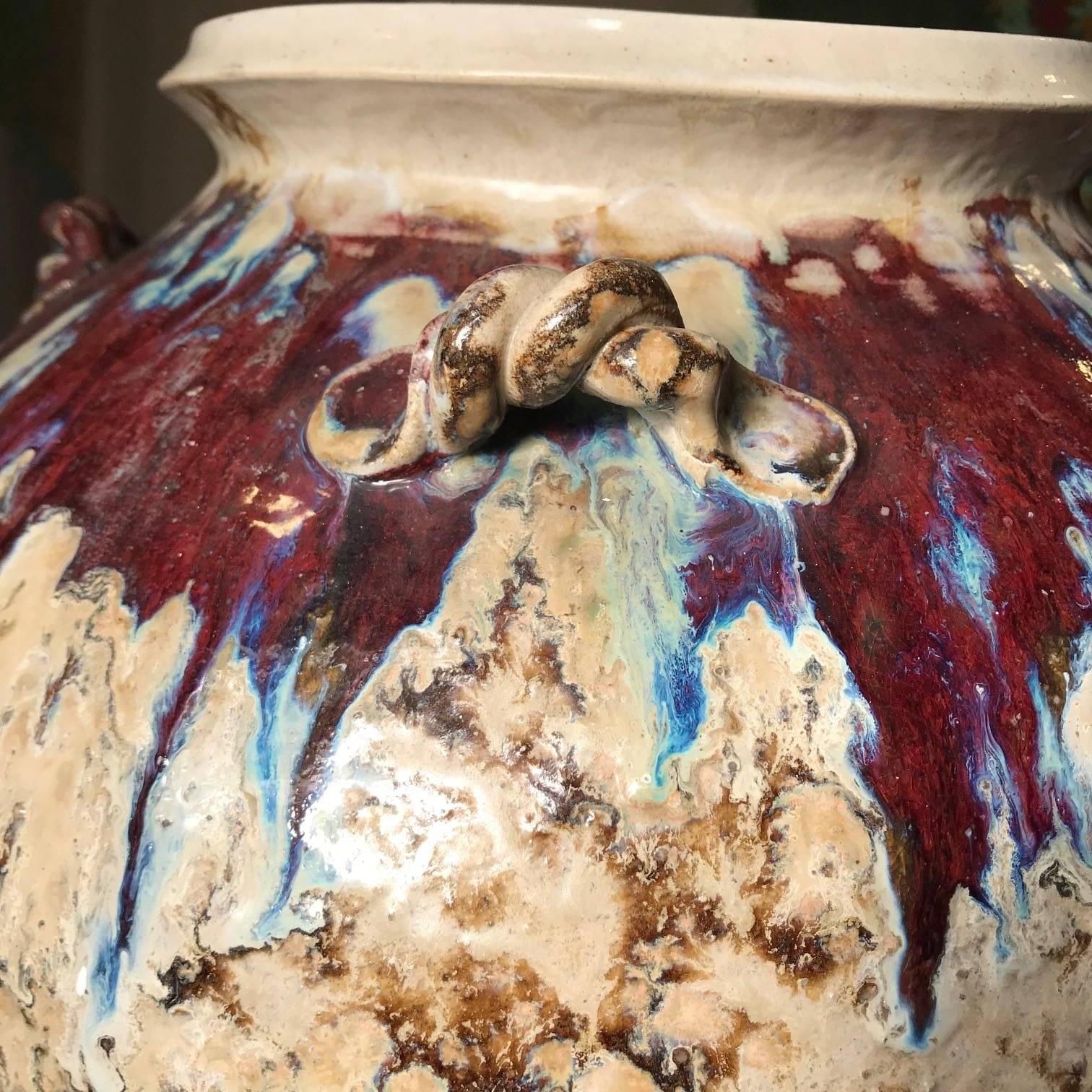 20th Century Japan Big Richly Glazed Hand Thrown Ceramic Handled Pot Shigaraki Kiln