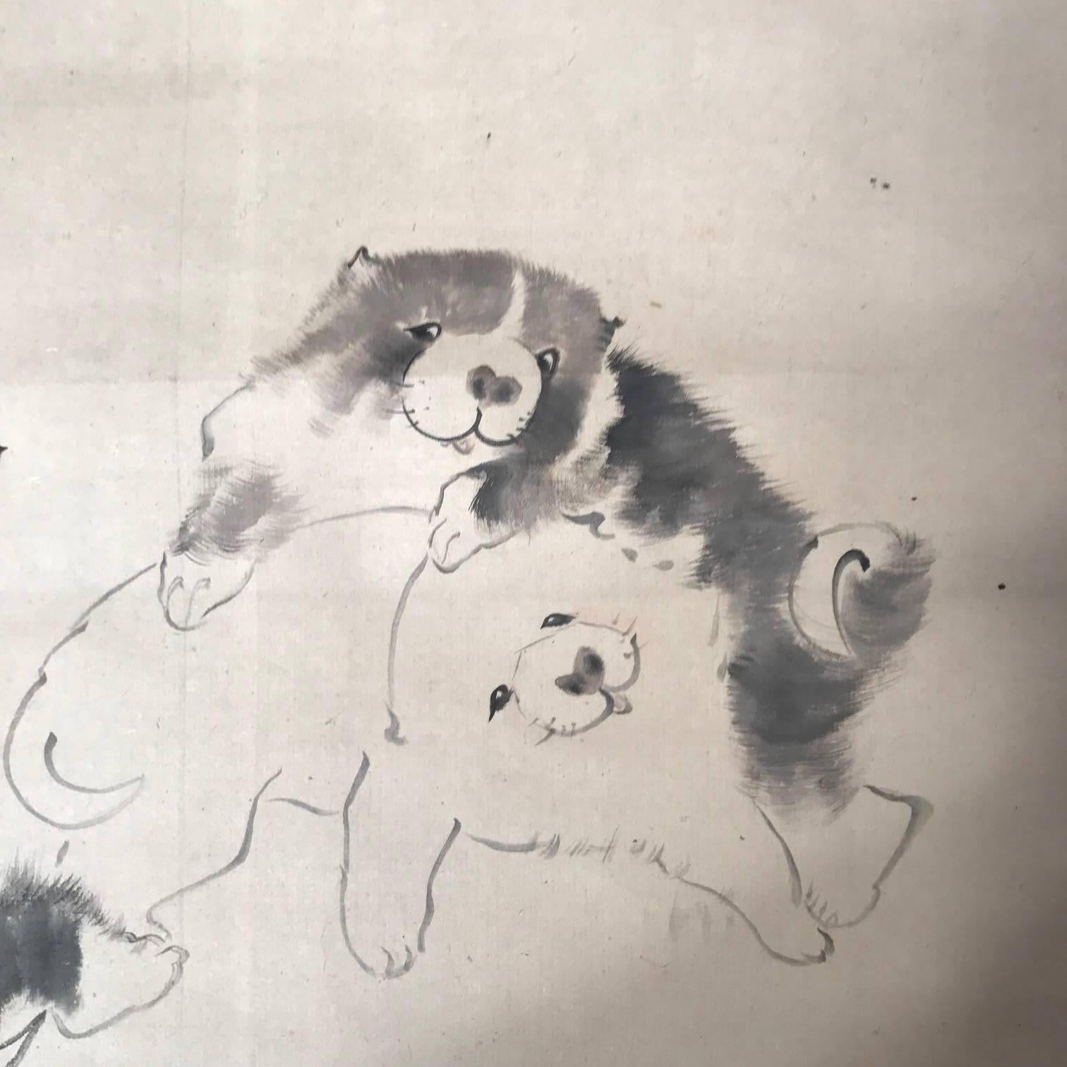 Japanese Japan Pair Lovable Puppies Antique Hand-Painted Scroll 