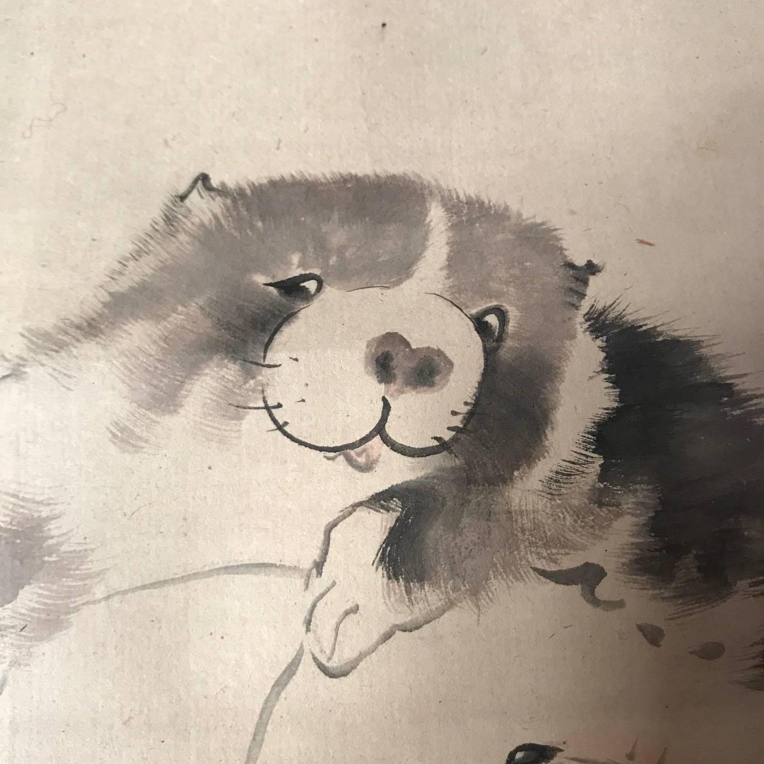 Japan Pair Lovable Puppies Antique Hand-Painted Scroll  In Good Condition In South Burlington, VT