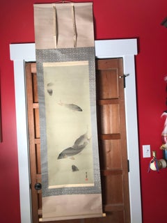 Japanese Antique Scroll Family of Five Koi Fish Hand Painting on Silk, Box
