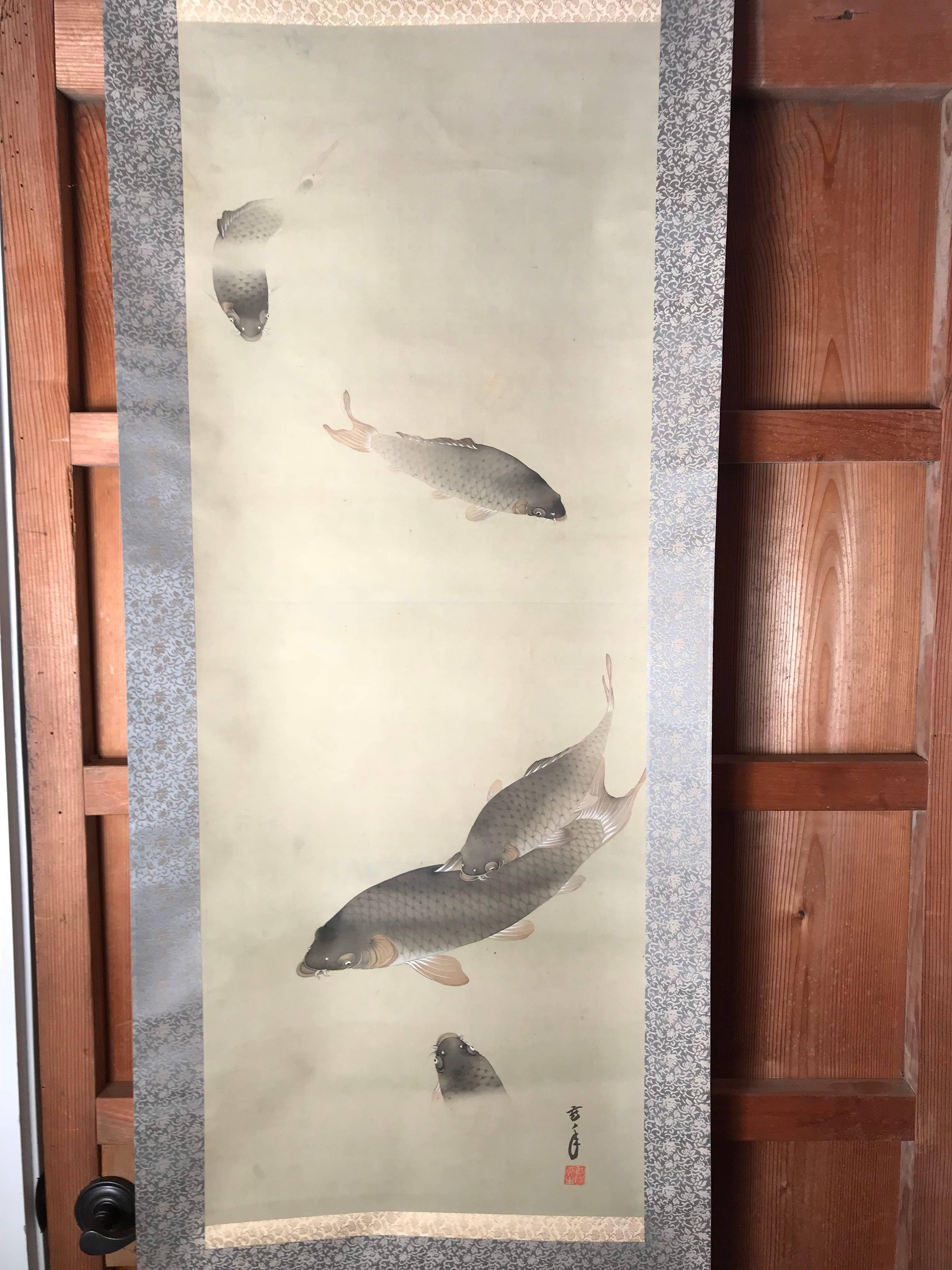 Showa Japanese Antique Scroll Family of Five Koi Fish Hand Painting on Silk, Box