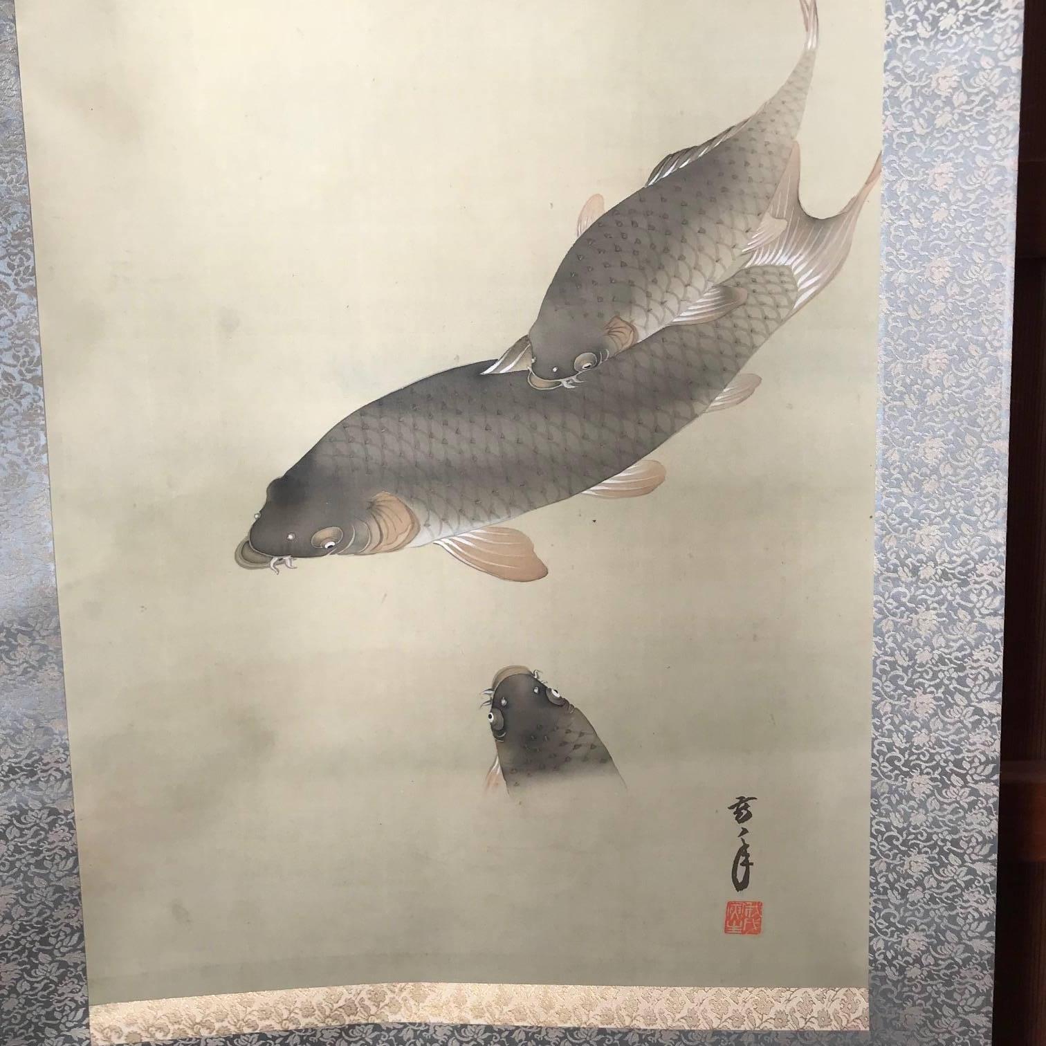 Japanese Antique Scroll Family of Five Koi Fish Hand Painting on Silk, Box In Good Condition In South Burlington, VT