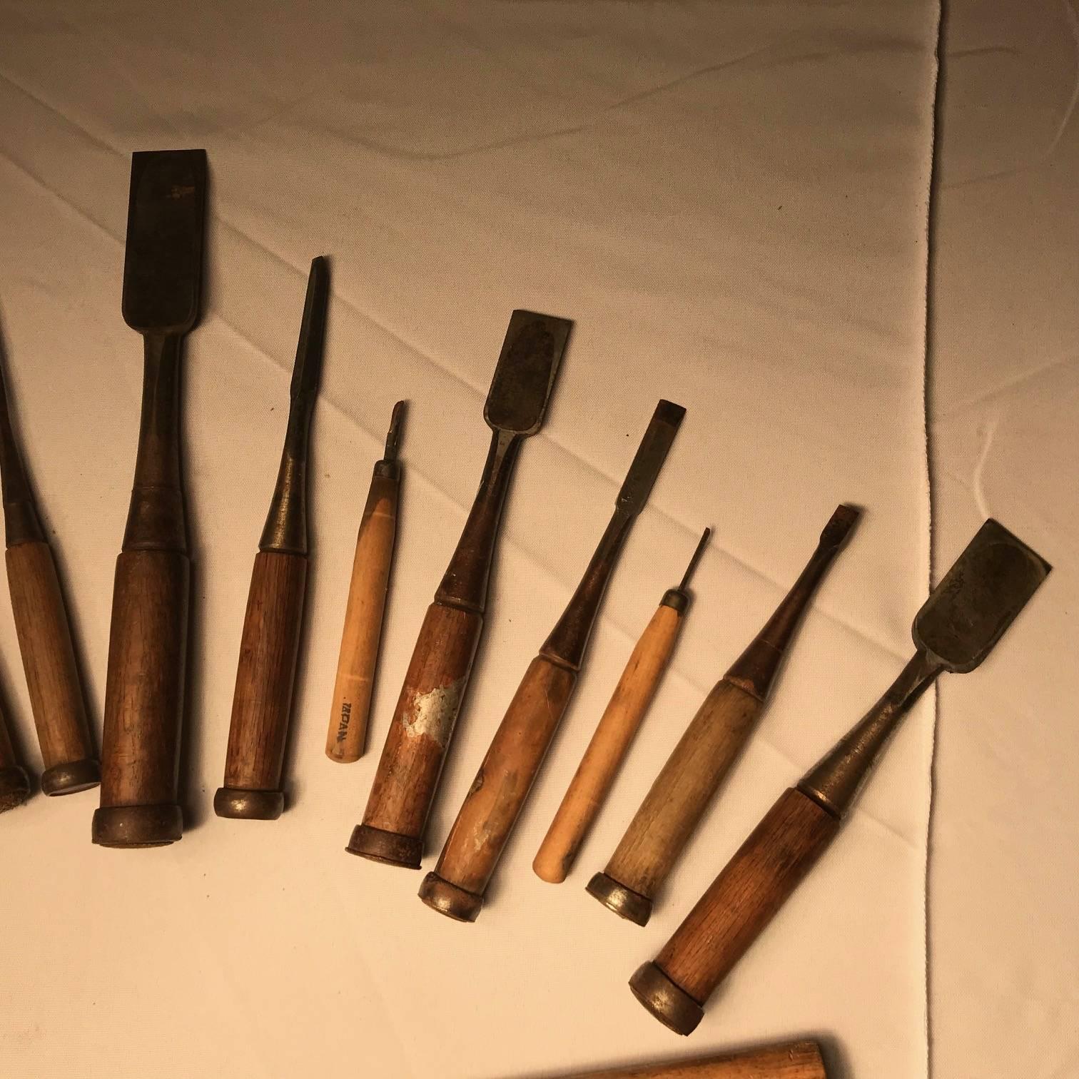 20th Century Japanese Artisan's Cache Box of 15 Professional Nomi Carpenter's Carving Tools