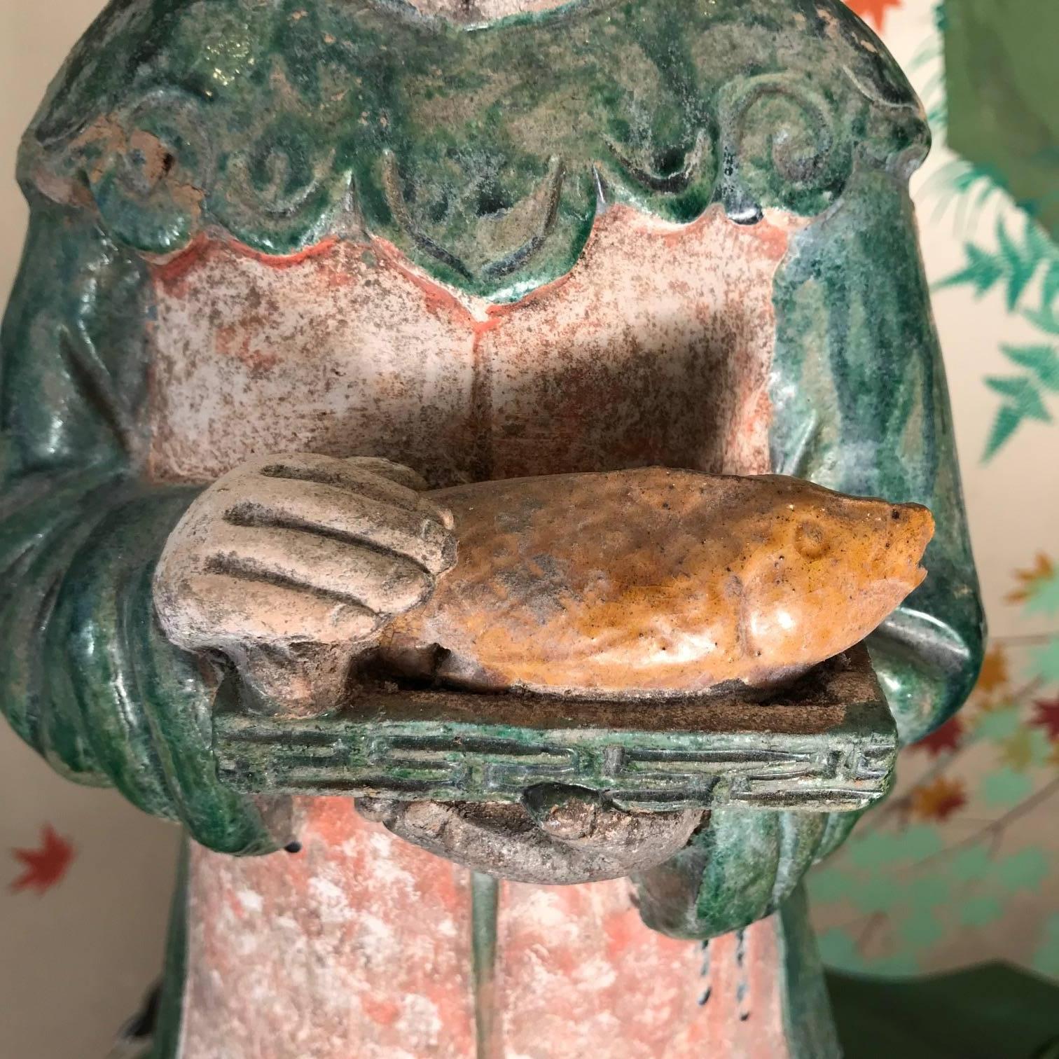 Hand-Painted Important Pair Monumental Ancient China Ming Tomb Attendant Sculpture, 1368-1644