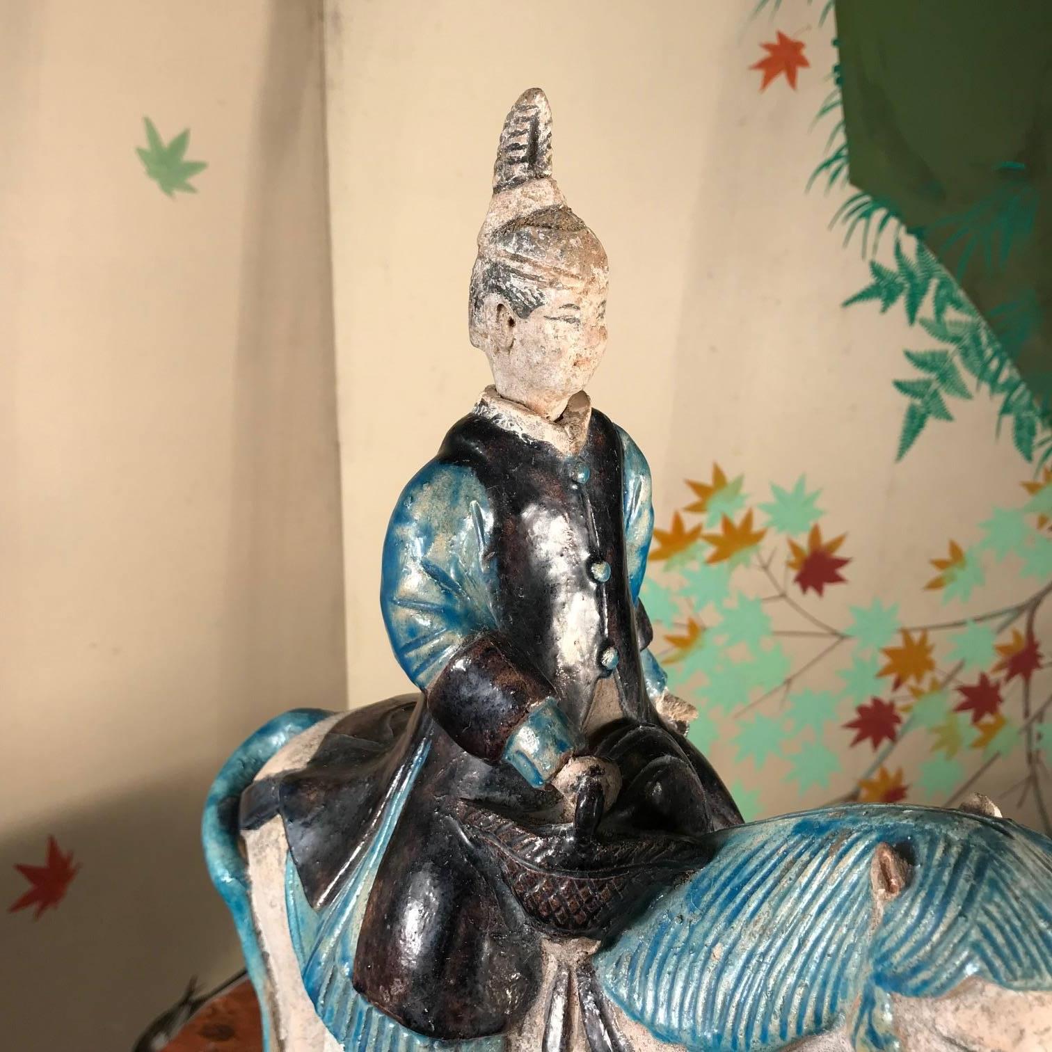 Chinese Ancient Imperial China Ming Blue Female Equestrian Horse Rider, 1500