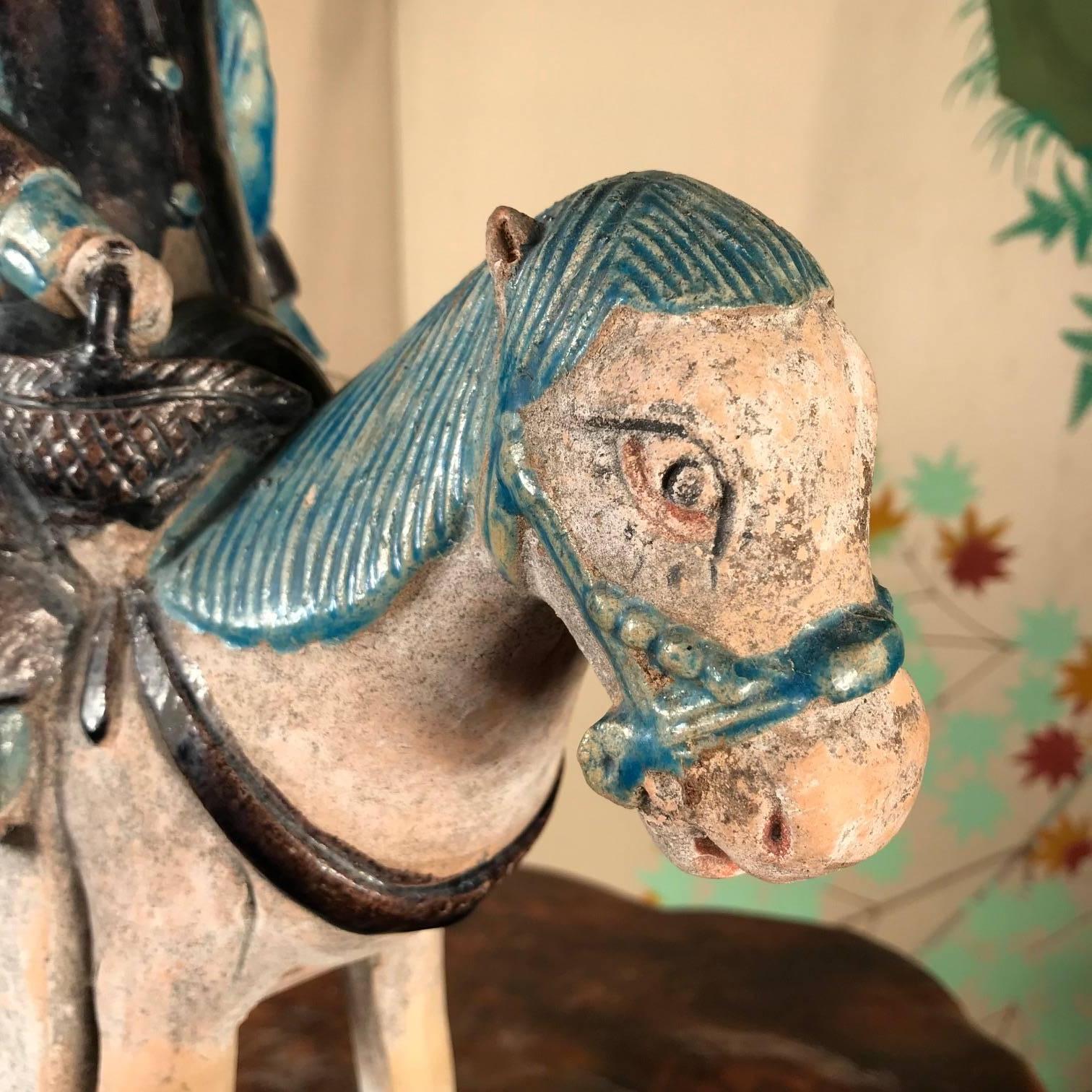 18th Century and Earlier Ancient Imperial China Ming Blue Female Equestrian Horse Rider, 1500