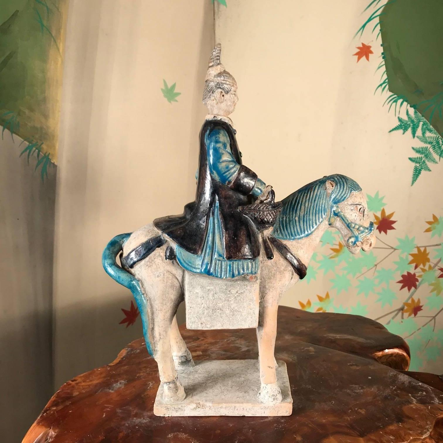 Ceramic Ancient Imperial China Ming Blue Female Equestrian Horse Rider, 1500