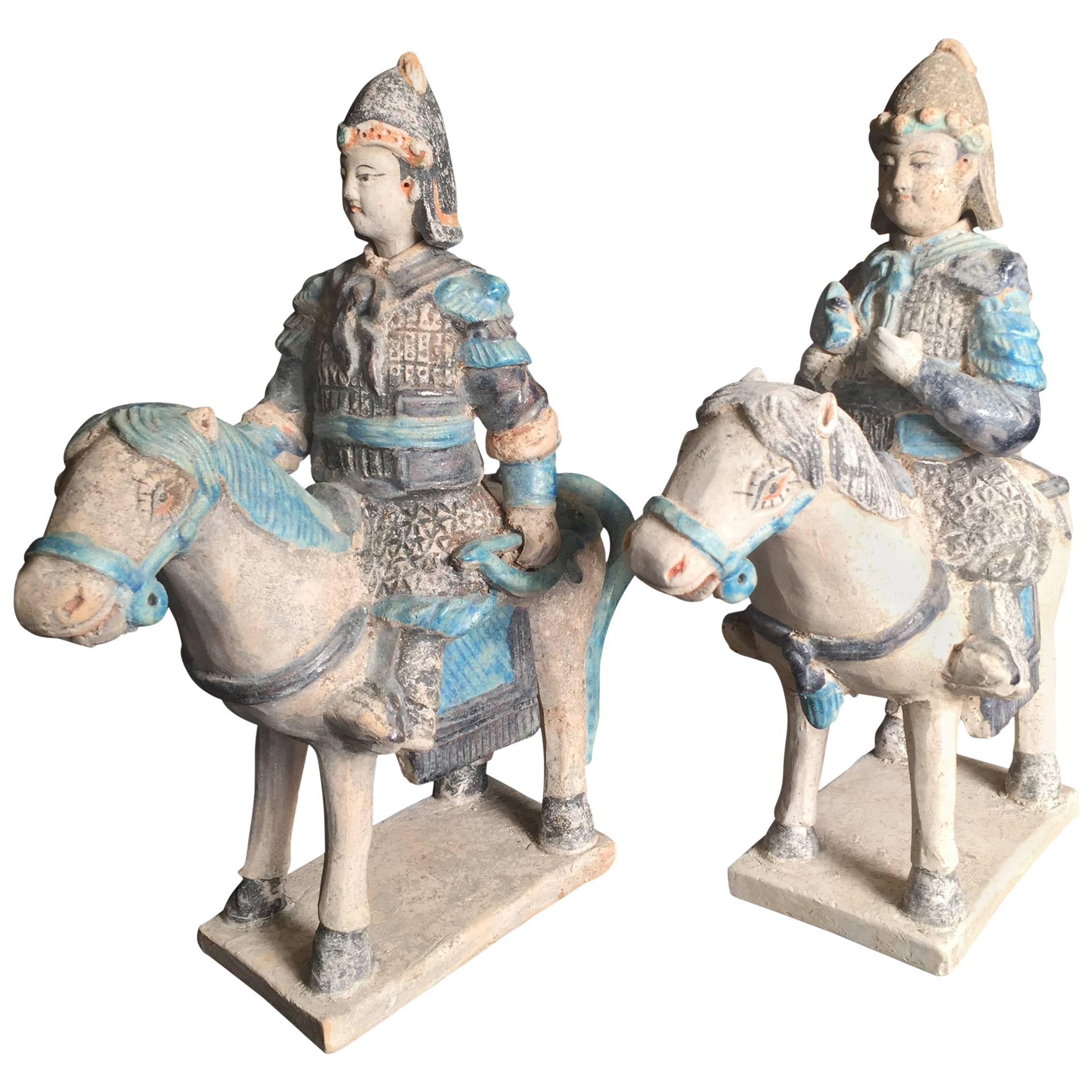 Ancient Imperial China Ming Pair of Horse Riders with Archery Bow and Axe