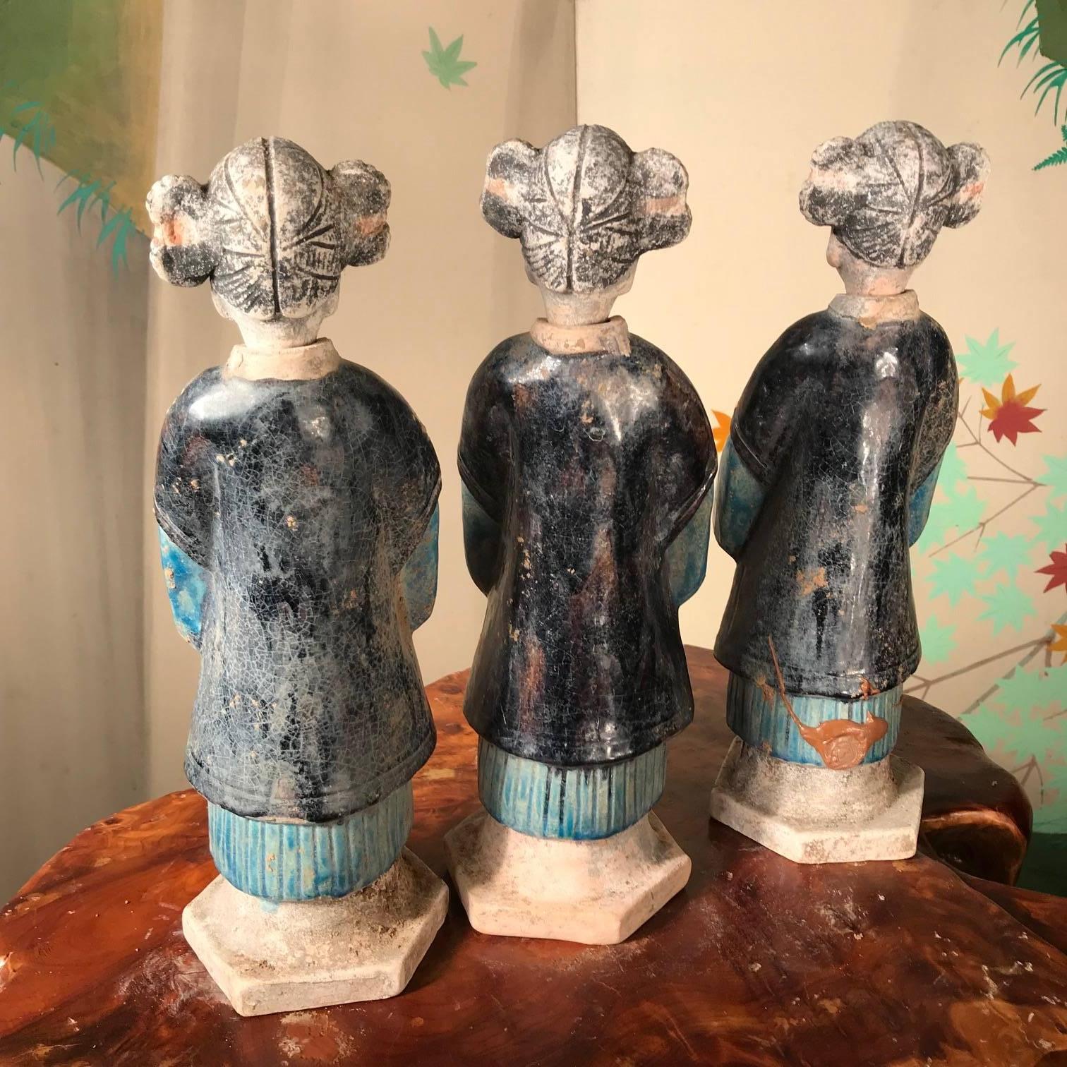 Ancient Chinese Trio Cobalt Blue Glazed Attendants Ming Dynasty, 1368-1644 2