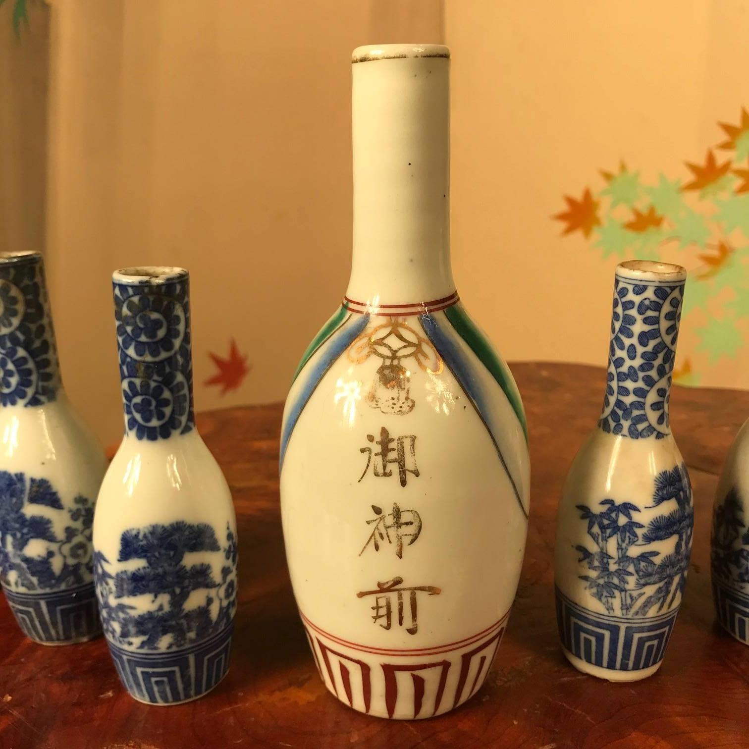 Meiji Japanese Antique Hand-Painted Ceramic Sake Bottles Collection, 19th Century