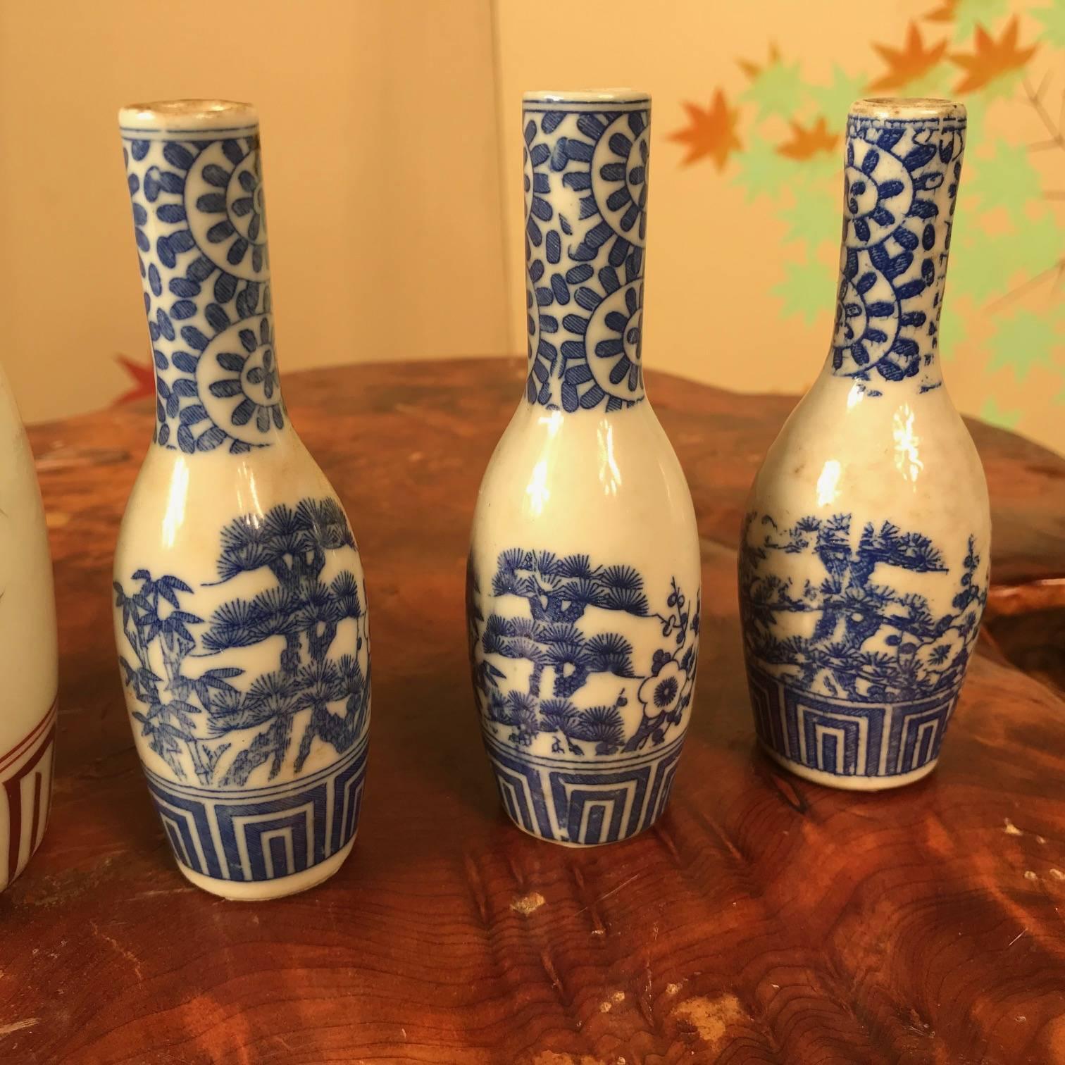 Japanese Antique Hand-Painted Ceramic Sake Bottles Collection, 19th Century In Good Condition In South Burlington, VT