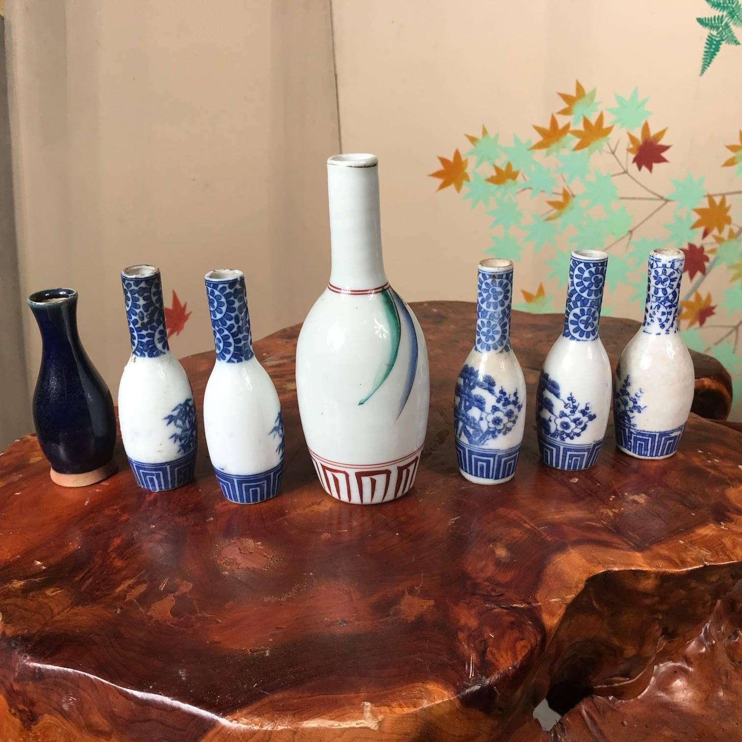 Japanese Antique Hand-Painted Ceramic Sake Bottles Collection, 19th Century 4